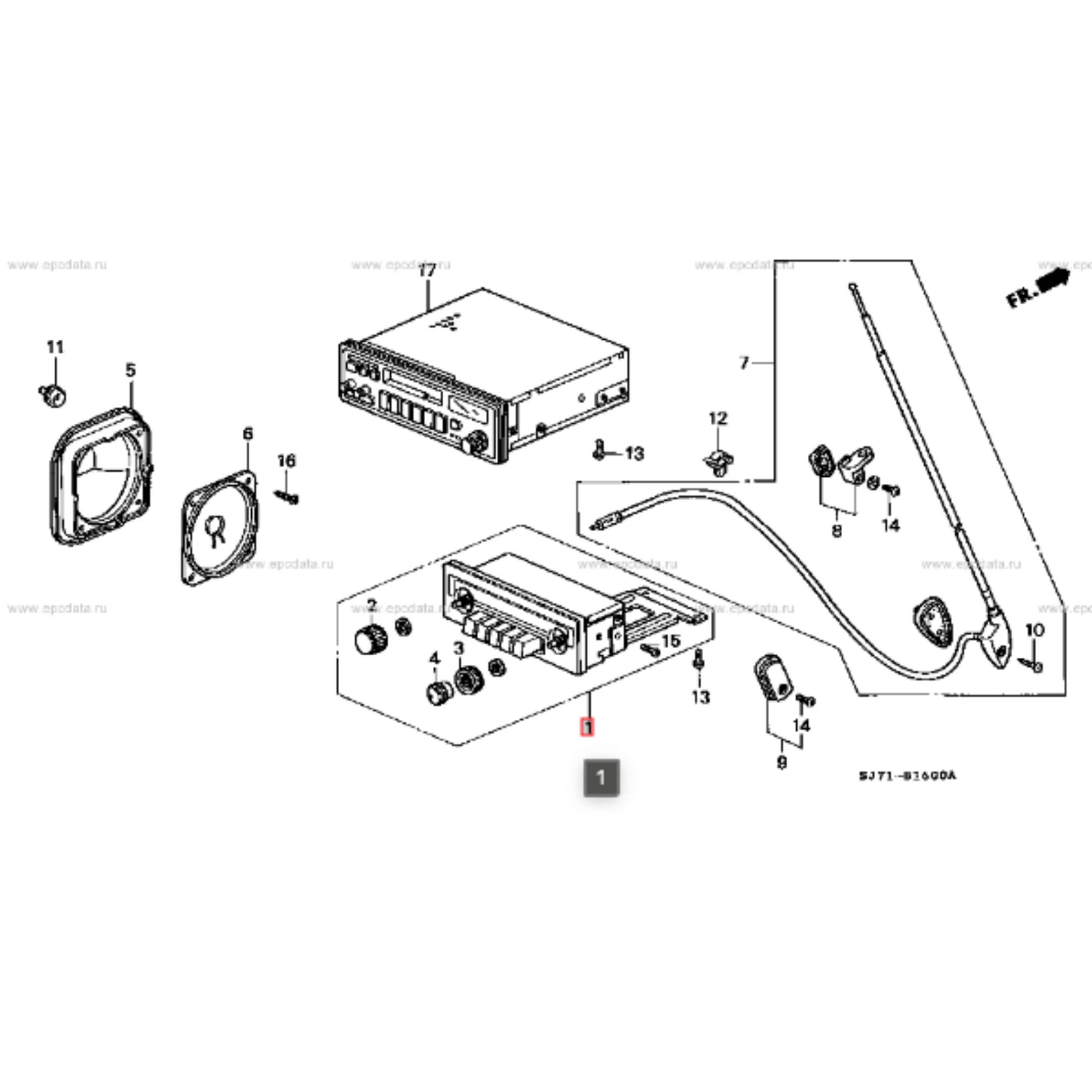 Exploded diagram indicating the position and fitment of the Honda radio within Acty Truck HA3, HA4 models.