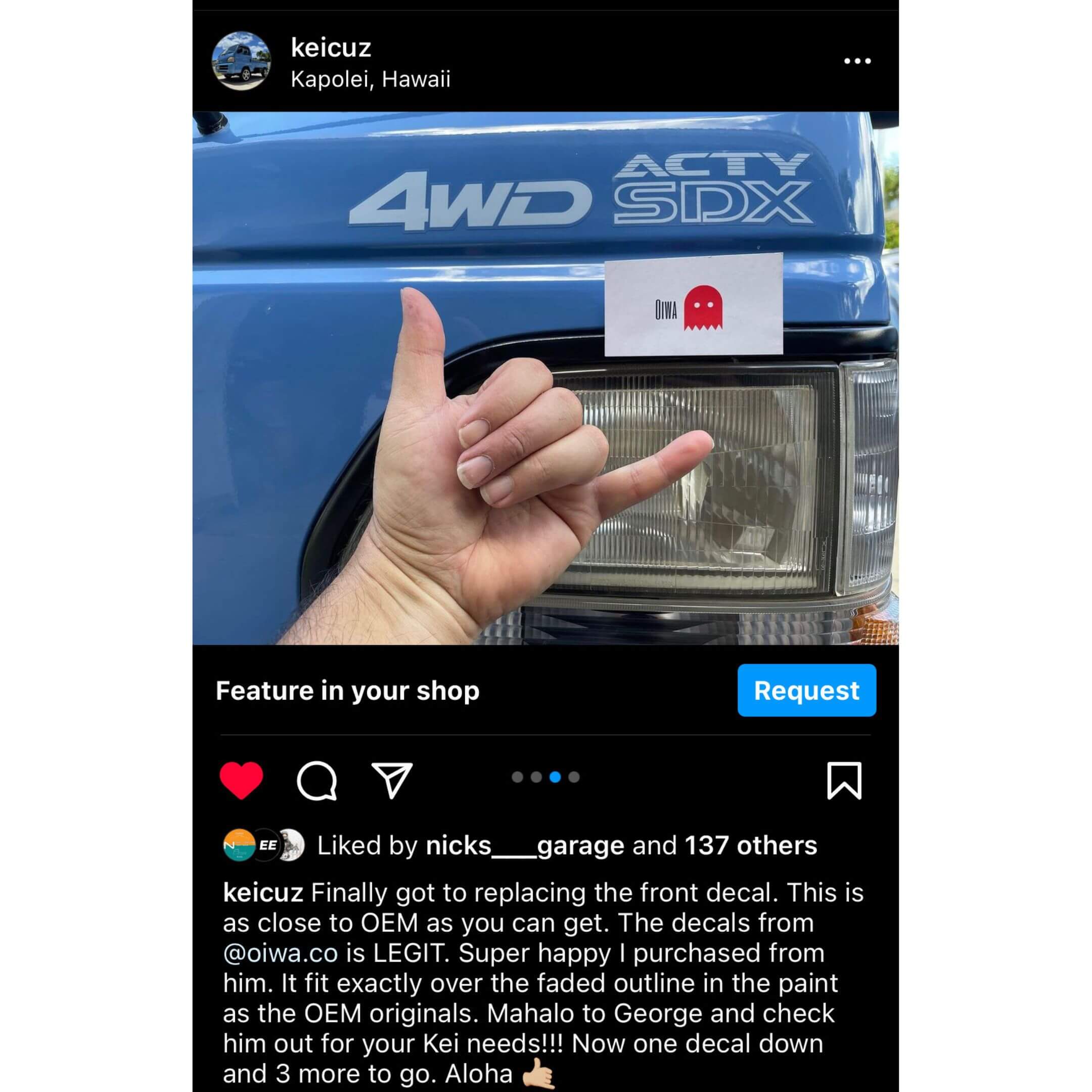 Social media style image showing a blue Honda Acty with a prominent 4WD decal, recommended for users sharing their upgrade experiences.