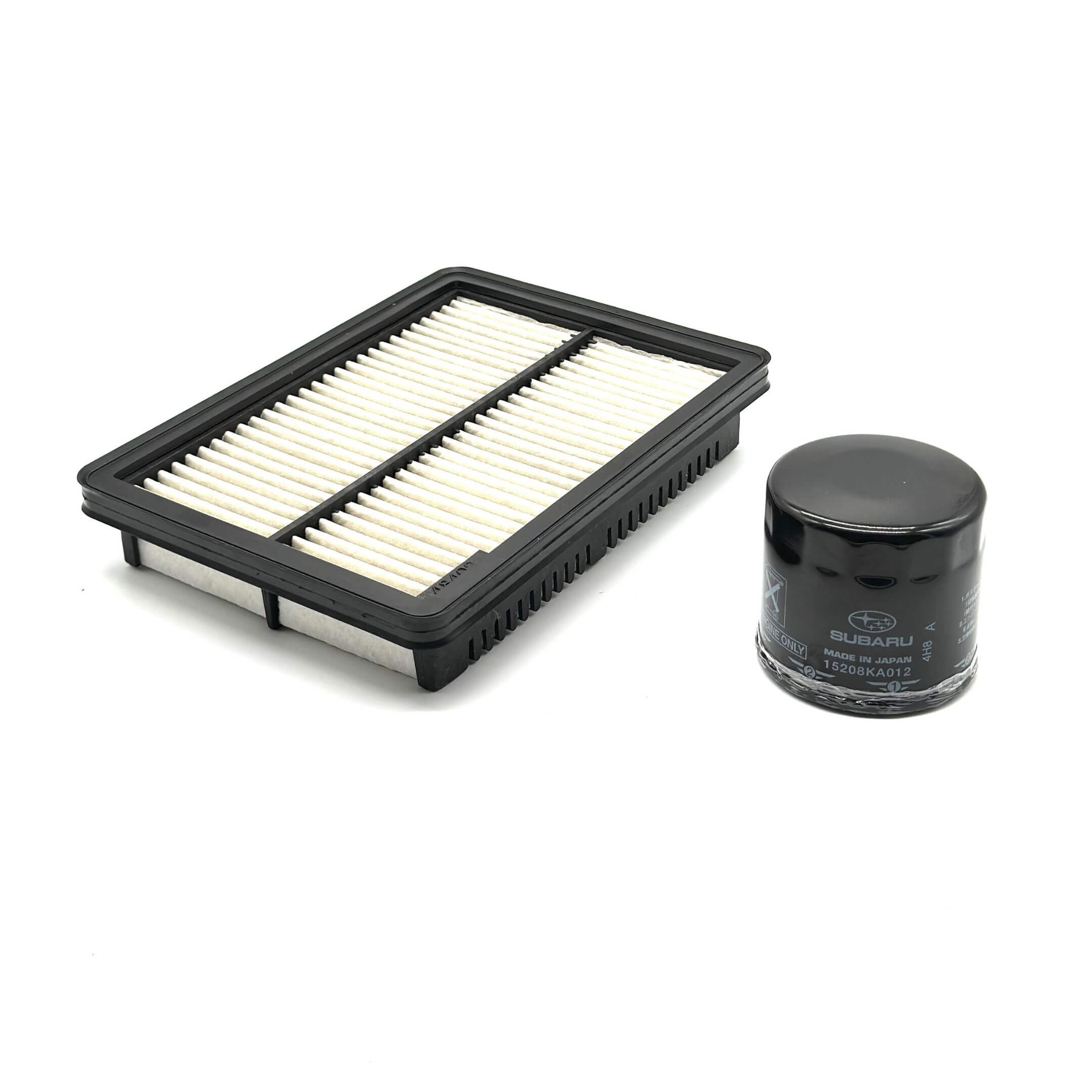 Genuine Subaru Sambar Van TV1, TV2 air filter and oil filter set for 1999-2012 models, featuring a black and white design.