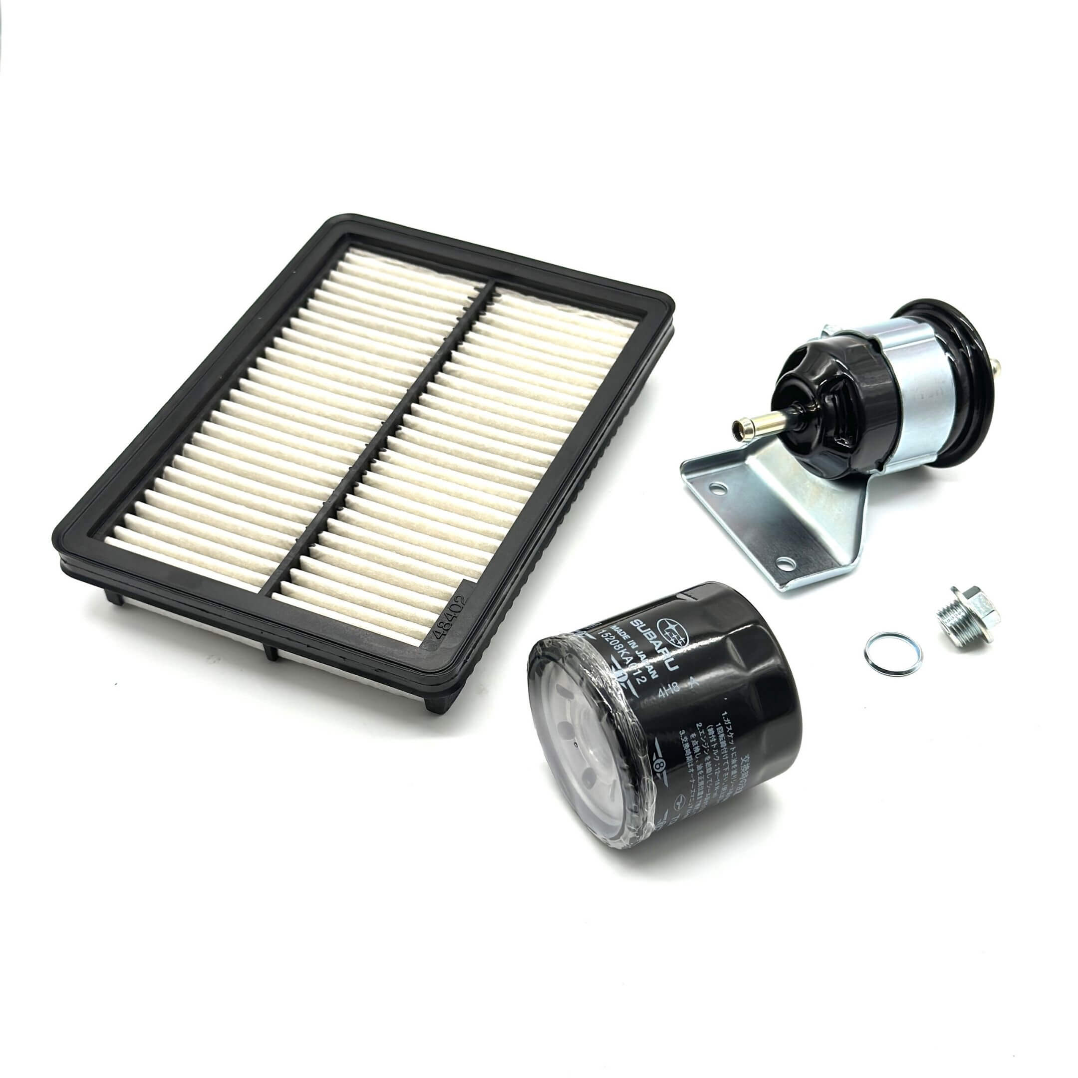 Genuine Subaru Sambar Van TV1, TV2 air filter, oil filter, fuel filter (Type A), and drain plug set for 1999-2012 models, featuring a black and white design.