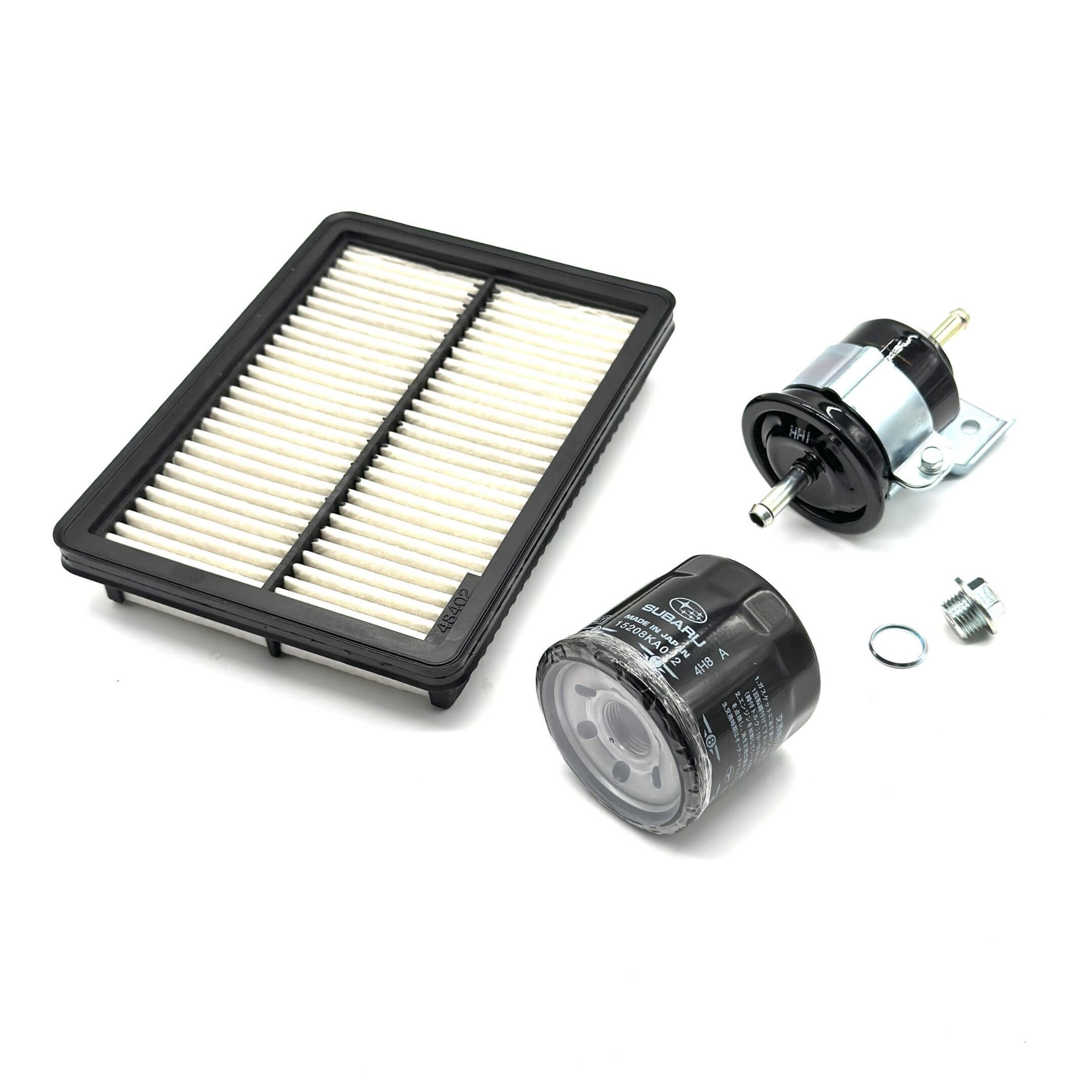 Genuine Subaru Sambar Van TV1, TV2 air filter, oil filter, fuel filter (Type A), and drain plug set for 1999-2012 models, featuring black and white components.