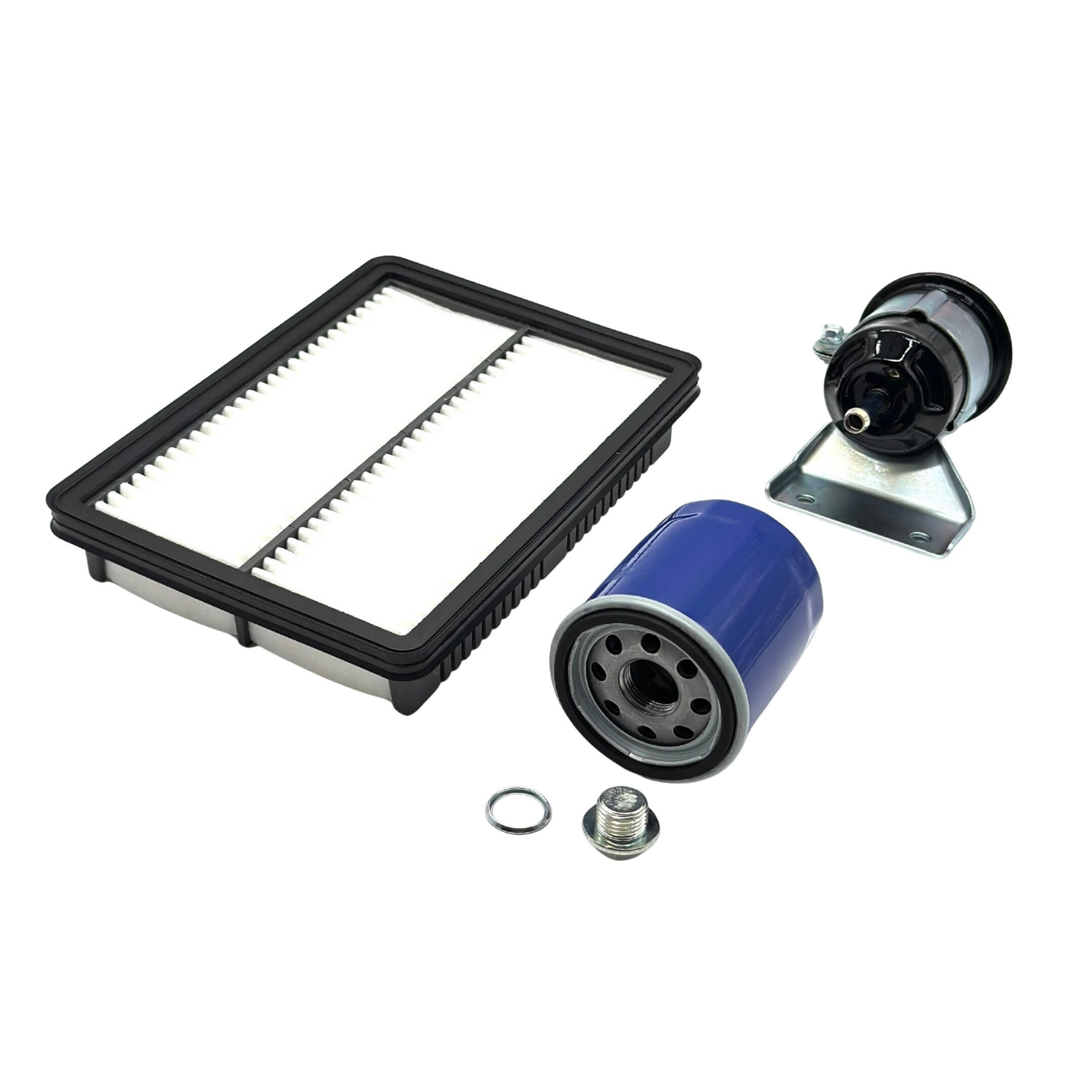 Air Filter, Oil Filter, Fuel Filter (Type A) & Drain Plug set for Subaru Sambar Van TV1, TV2 models (1999-2012), featuring aftermarket and genuine parts with a blue oil filter and black-framed ai...