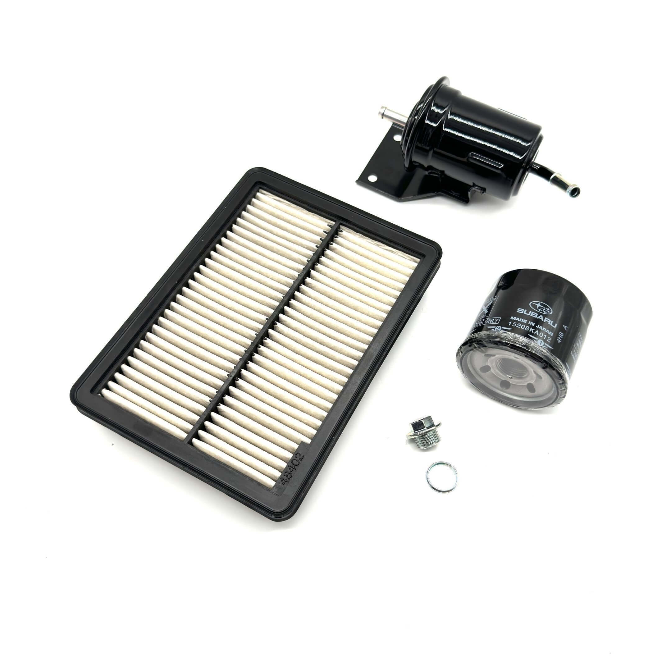 Genuine Subaru Sambar Wagon TW1, TW2 air filter, oil filter, fuel filter (Type B), and drain plug set for 1999-2012 models, featuring black and white components.