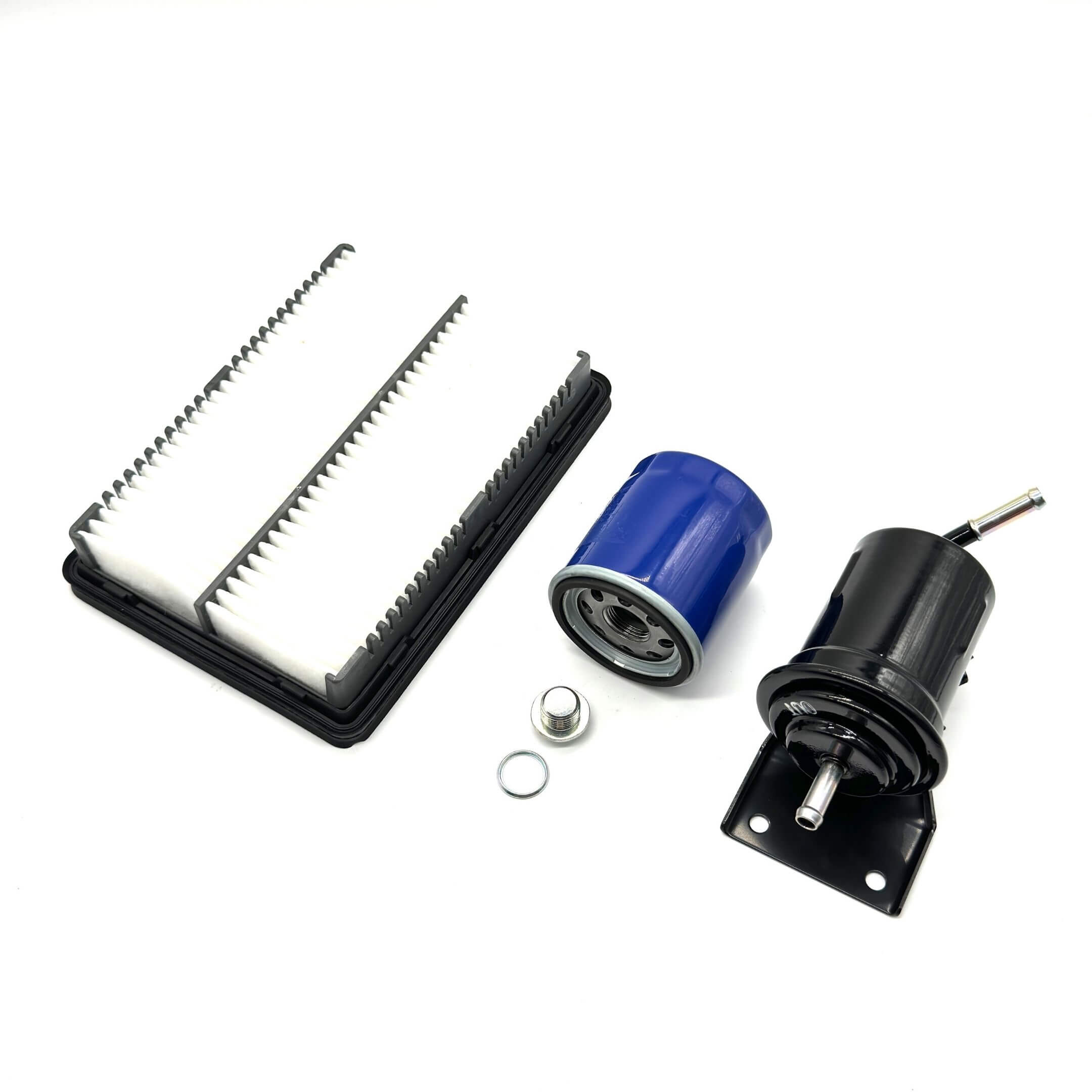 Air Filter, Oil Filter, Fuel Filter (Type B) & Drain Plug set for Subaru Sambar Wagon TW1, TW2 Models (1999-2012) featuring white, blue, and black components.