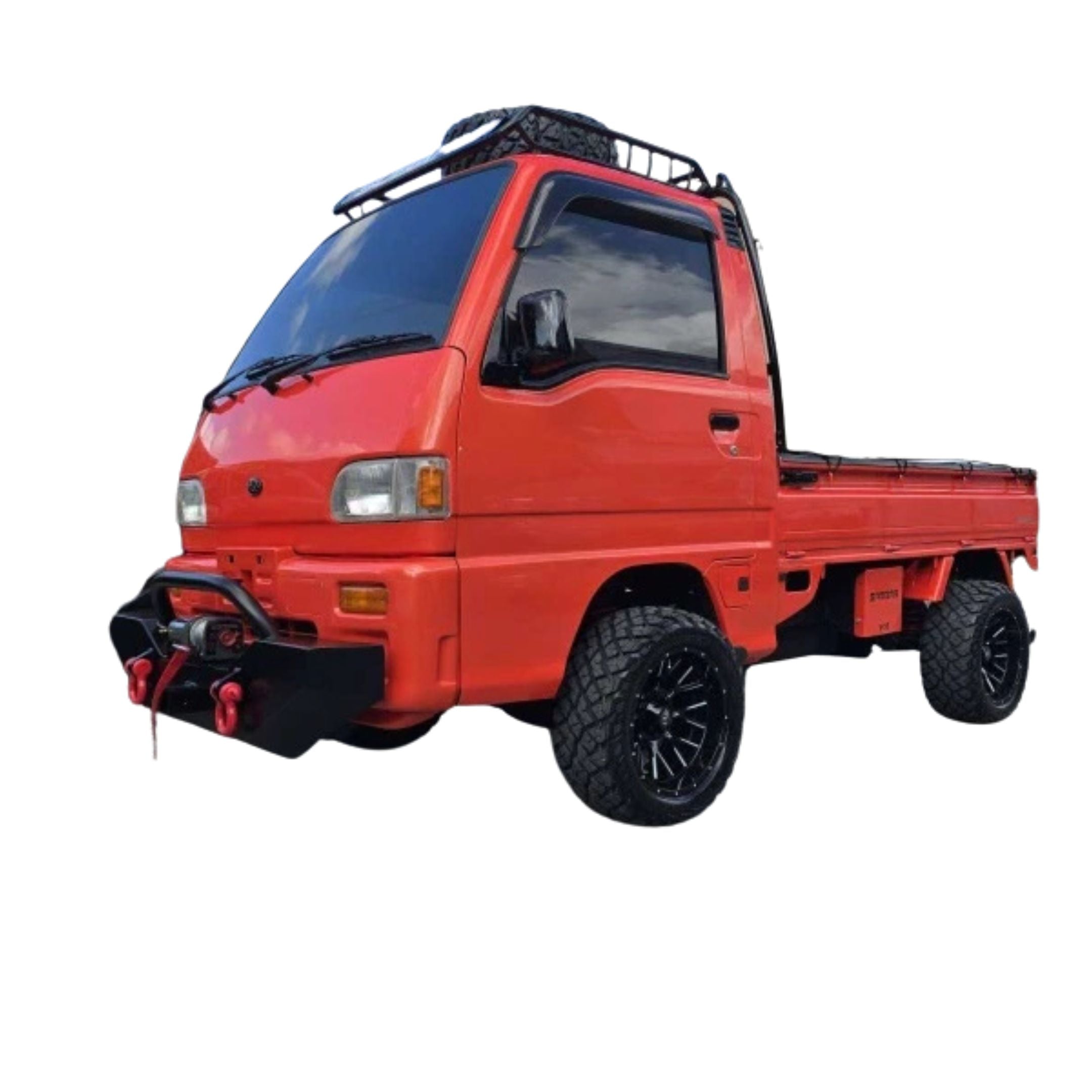 Subaru Sambar KS4 mini truck in red with Armor Front Bumper, showcasing winch and shackle mounts.