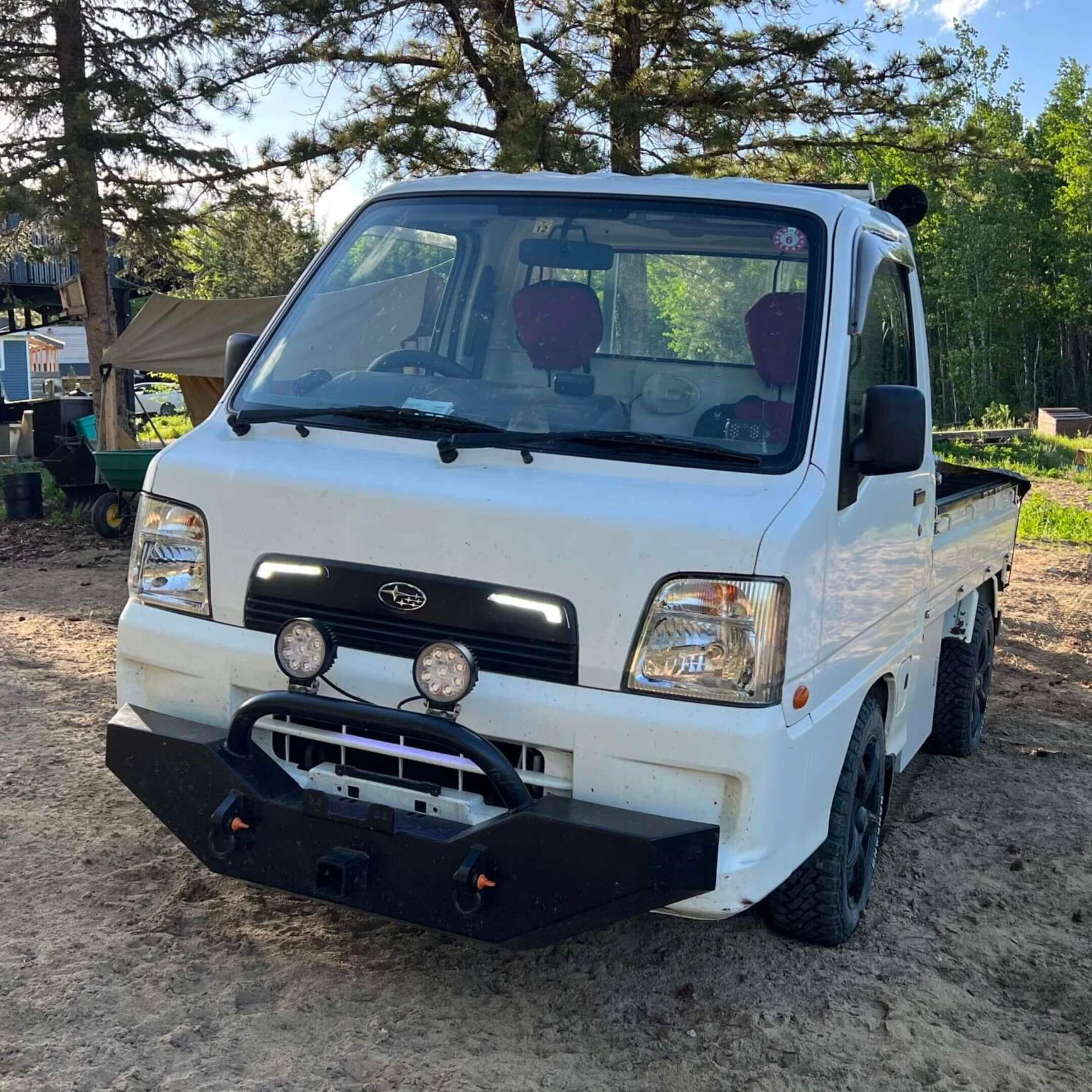 White Subaru Sambar TT2 truck fitted with Armor Front Bumper and light tabs.