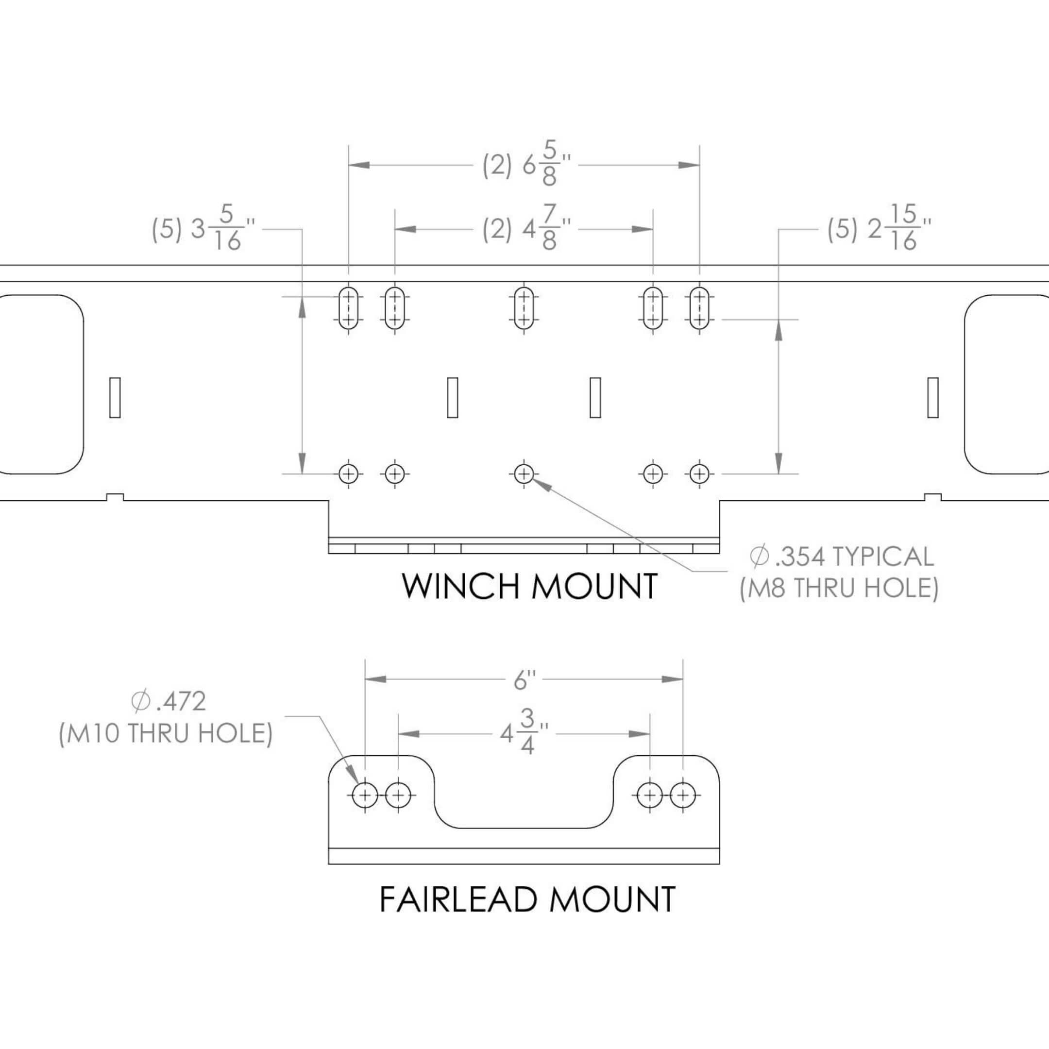 Technical drawing of bumper showing winch mount and fairlead mount measurements.
