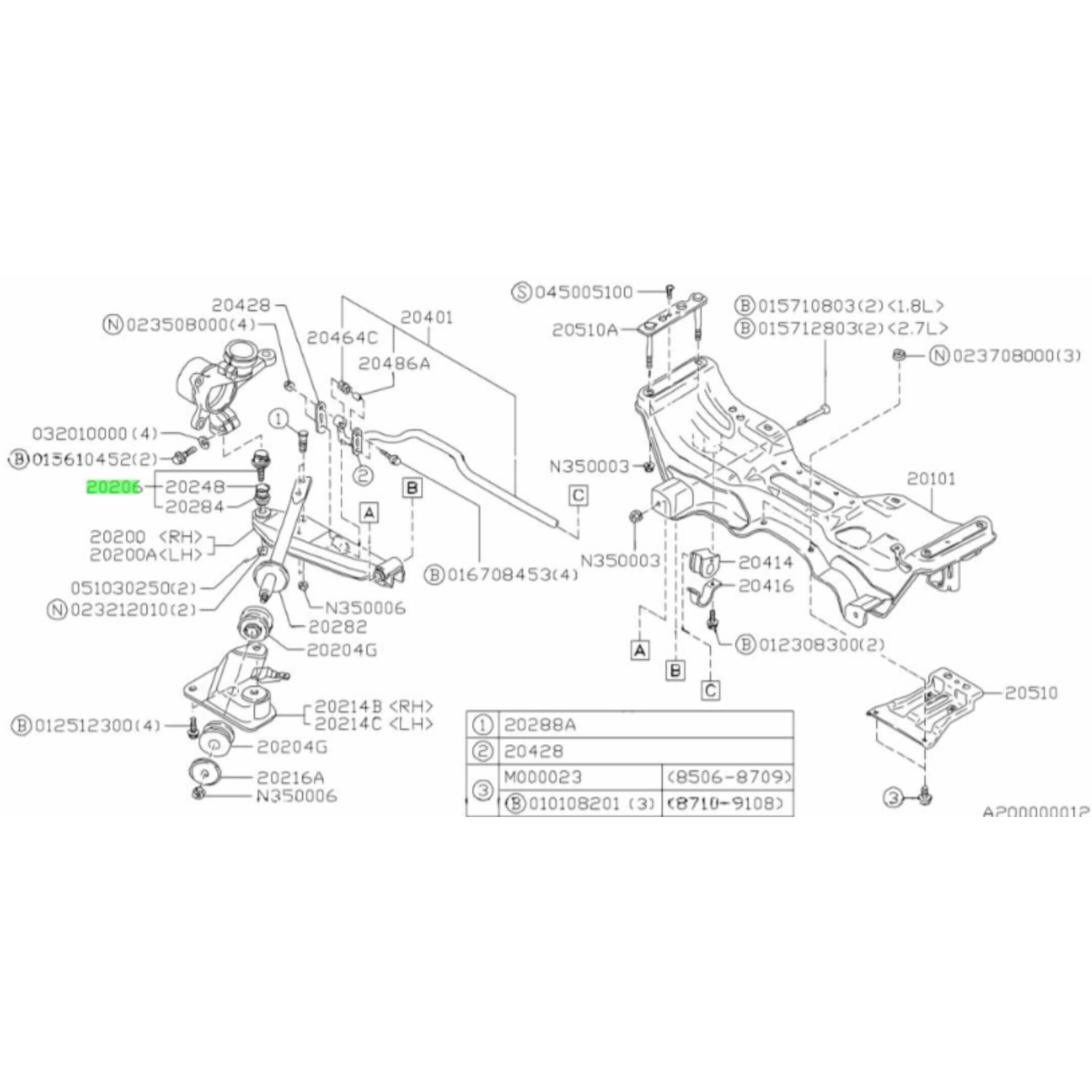 Technical diagram of the Ball Joint - Front for Subaru Sambar Truck TT1, TT2 Models (1999-2012), showcasing detailed parts and assembly layout.