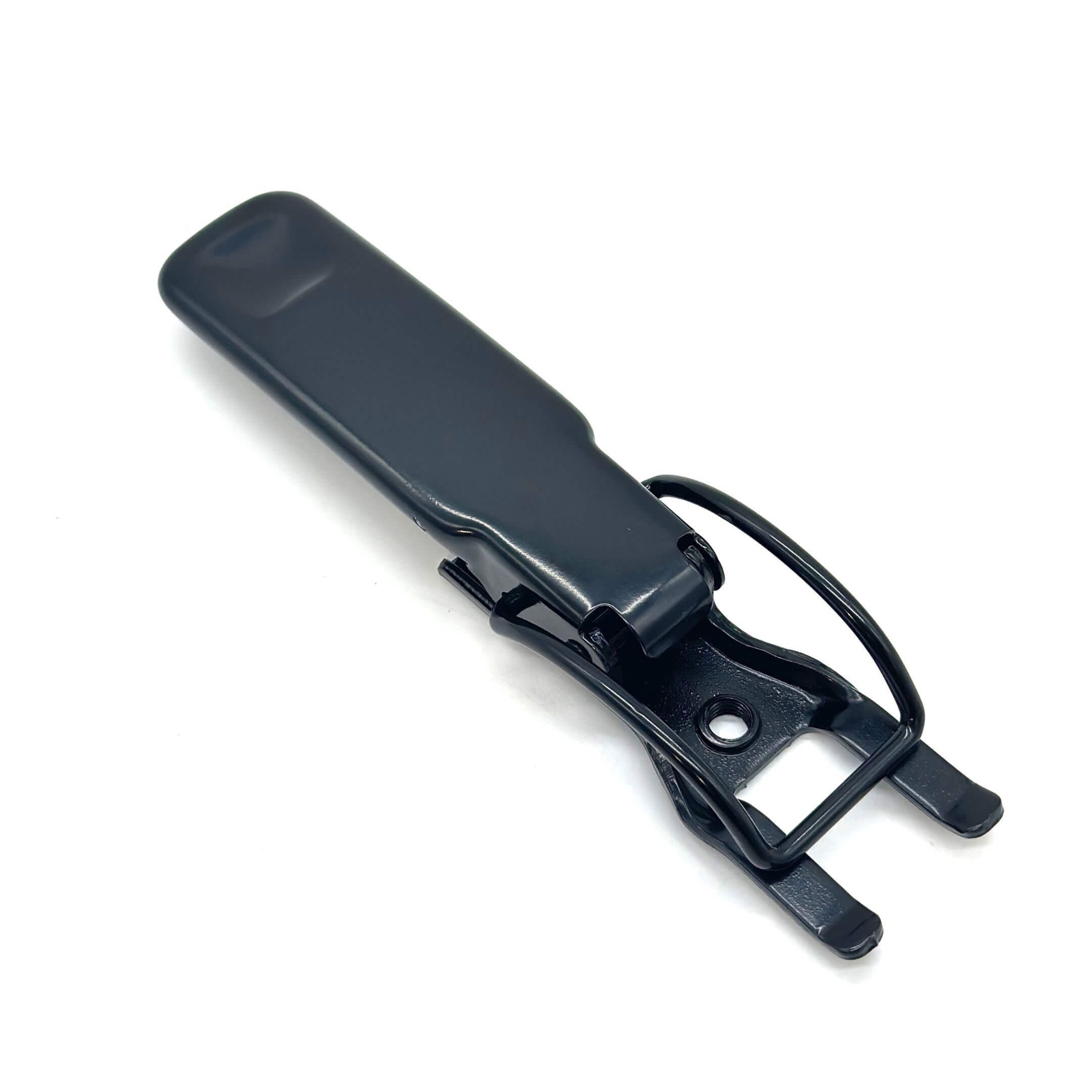 Close-up angled view of Subaru Sambar bed gate latch assembly with corrosion-resistant black coating.