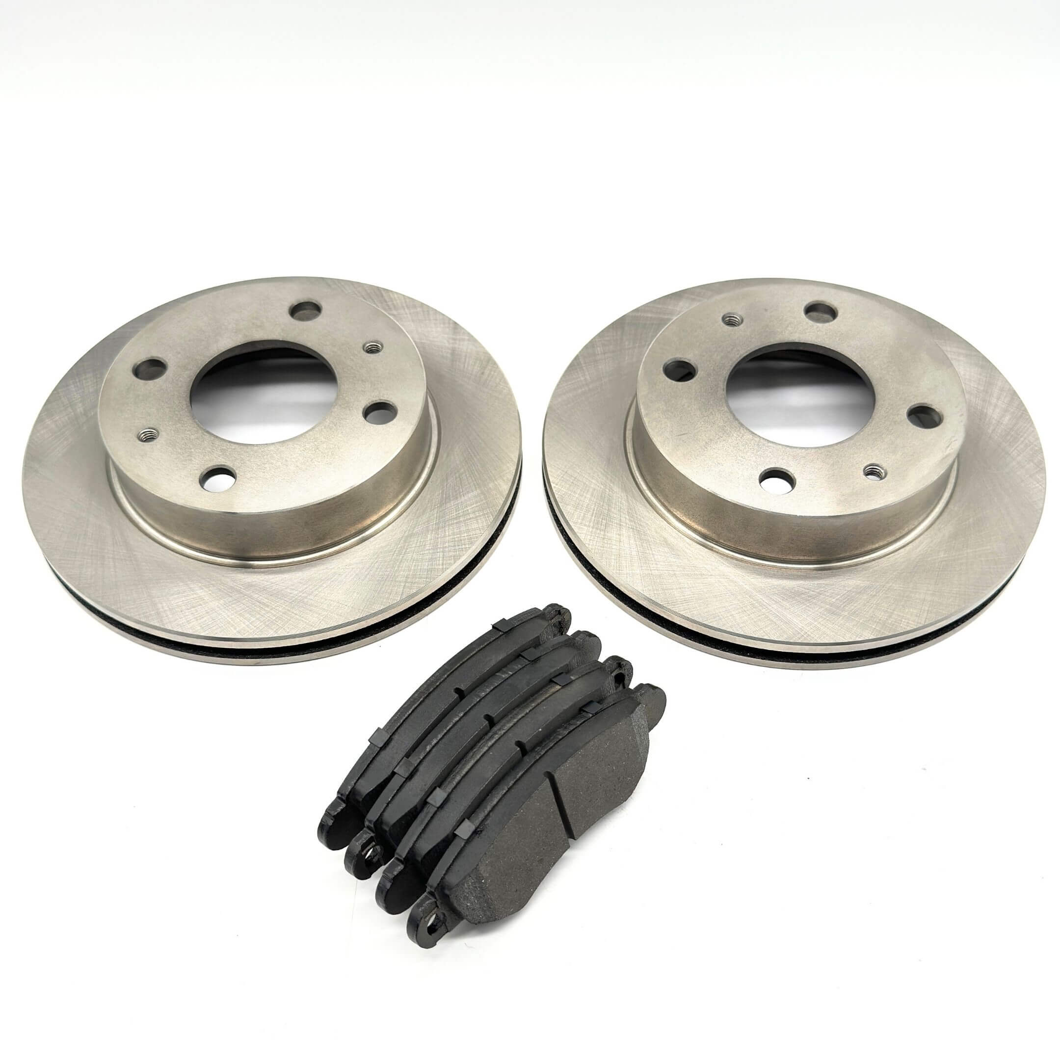 Brake Kit - 6 Piece featuring silver front brake rotors and black front brake pads for Subaru Sambar Van TV1, TV2 Models, 1999-2012.