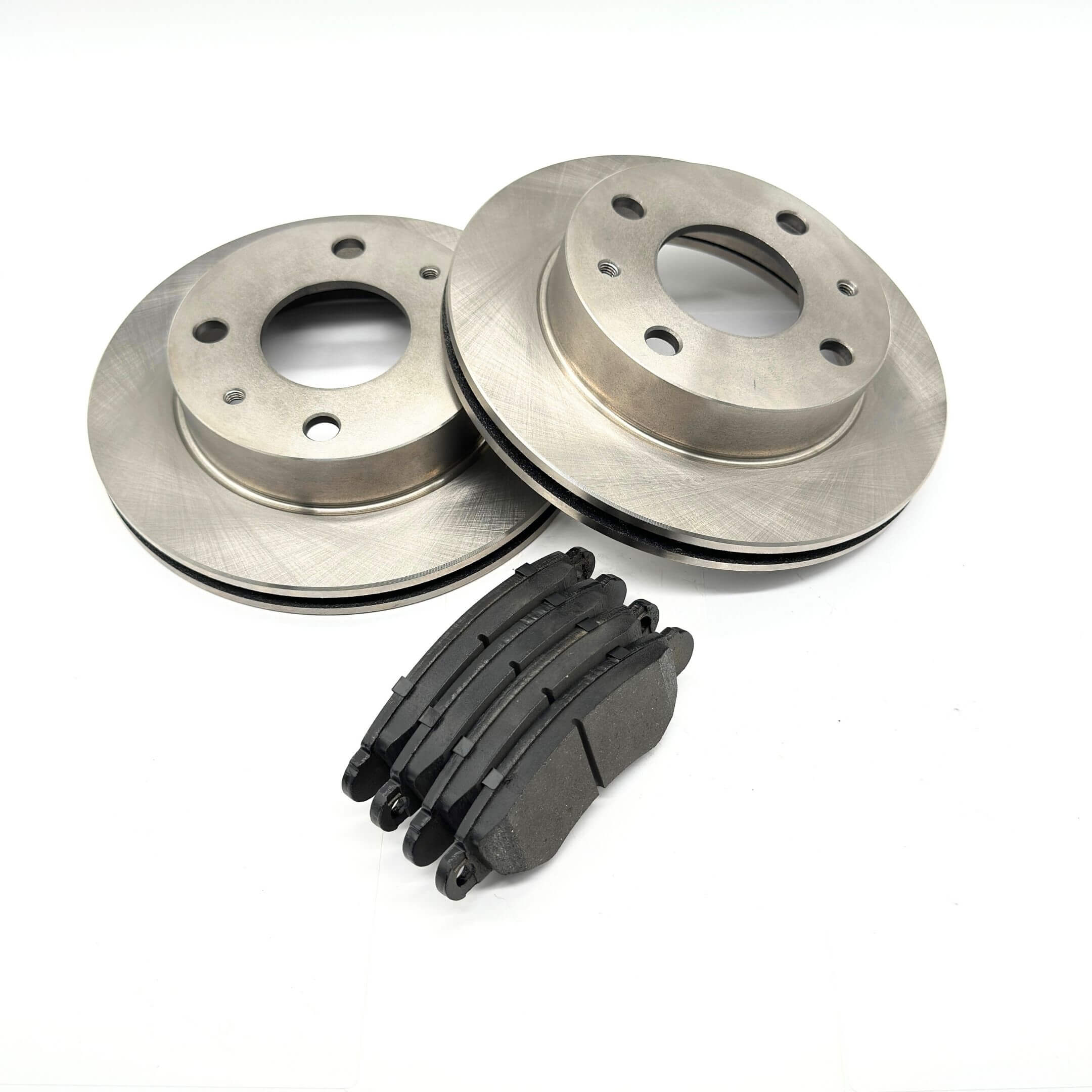 Brake Kit - 6 Piece - Front Brake Rotors and Pads for Subaru Sambar Truck TT1, TT2 Models 1999-2012, featuring silver rotors and black pads.