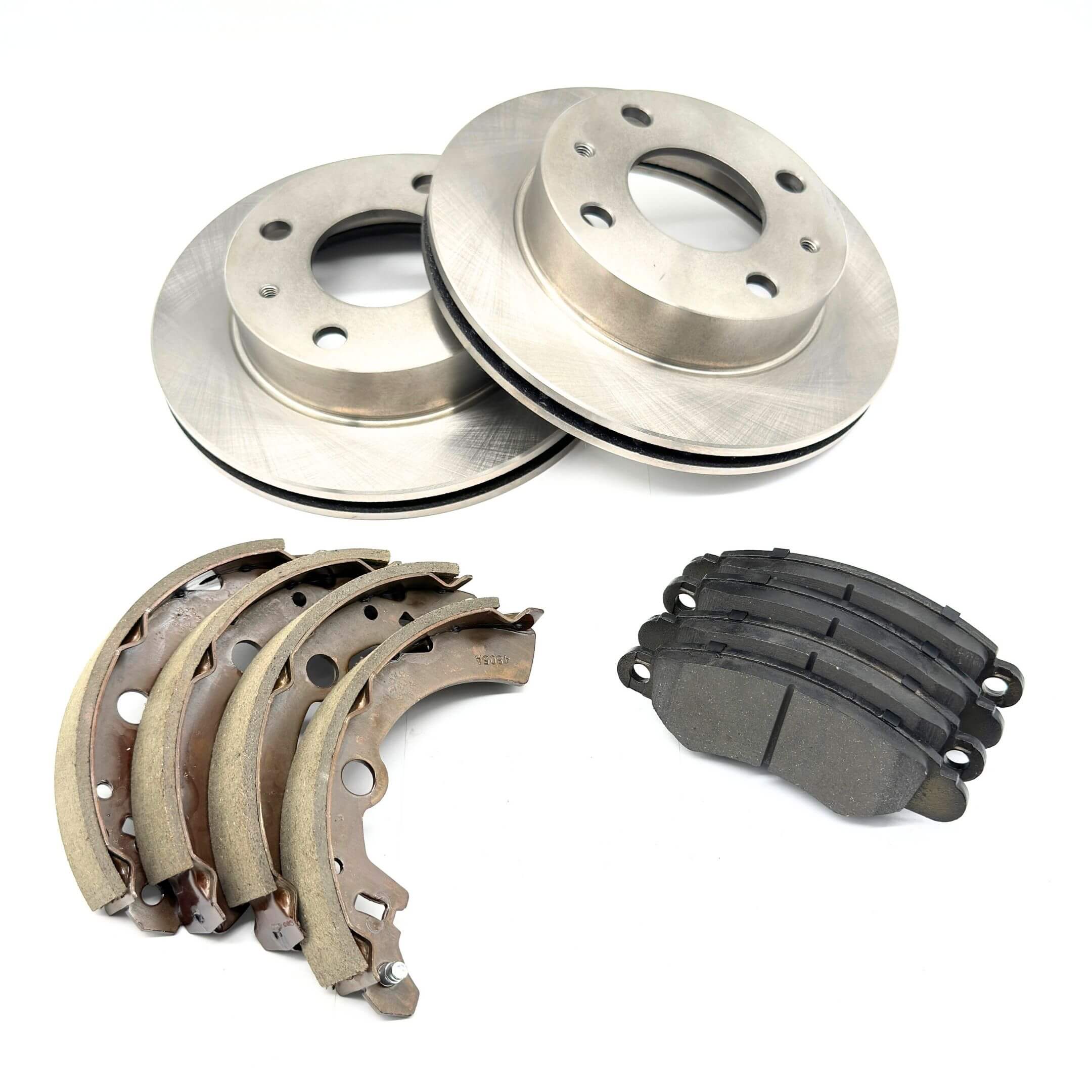 Brake Kit - 10 Piece set featuring front brake rotors, rear brake shoes, and front brake pads for Subaru Sambar Van TV1, TV2 Models (1999-2012), part numbers 26694TC000, 26296-TC010_011, AY040-KE...