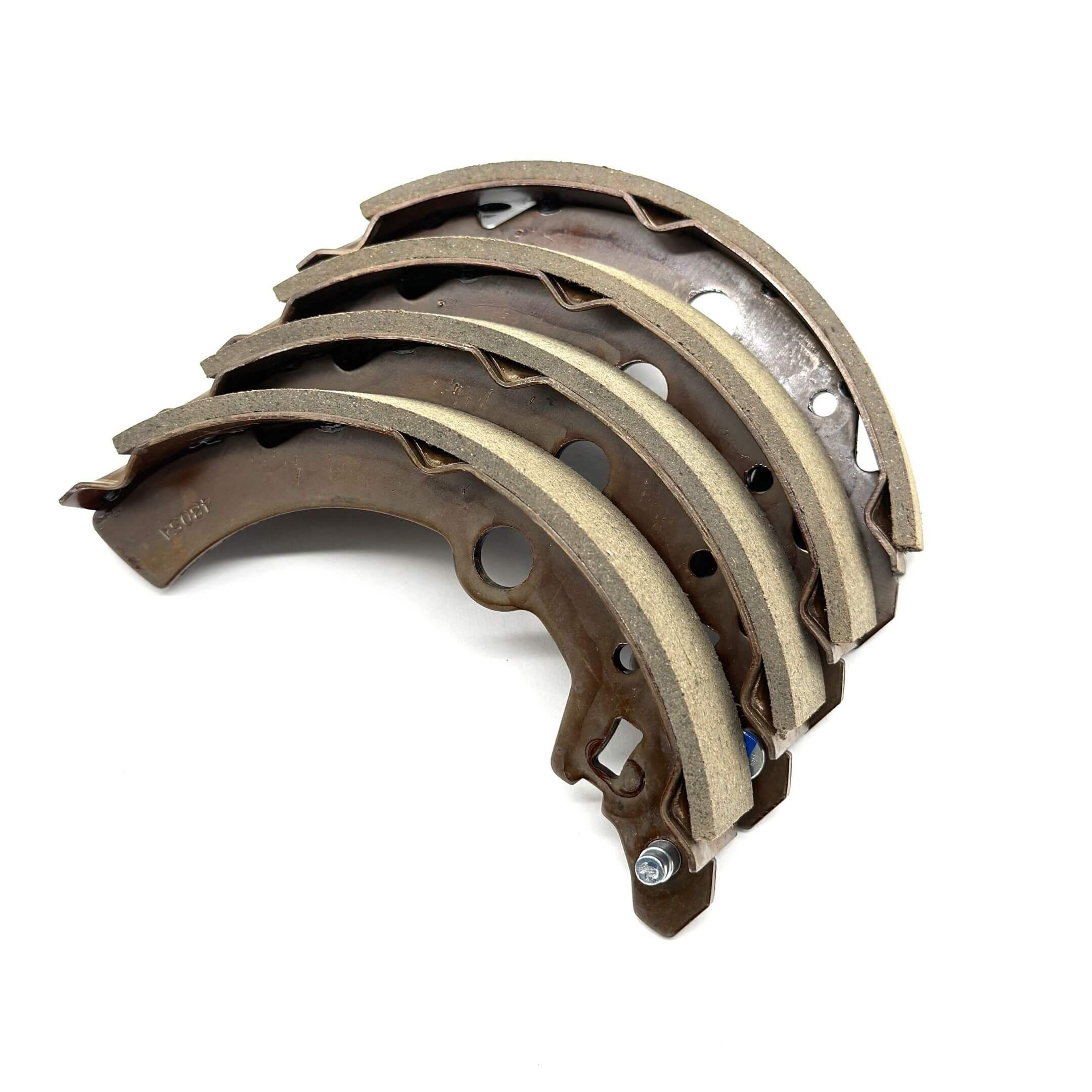 Brake Shoes - Right & Left - Subaru Sambar Van TV1, TV2 Models 1999-2012, brown metal with friction lining.