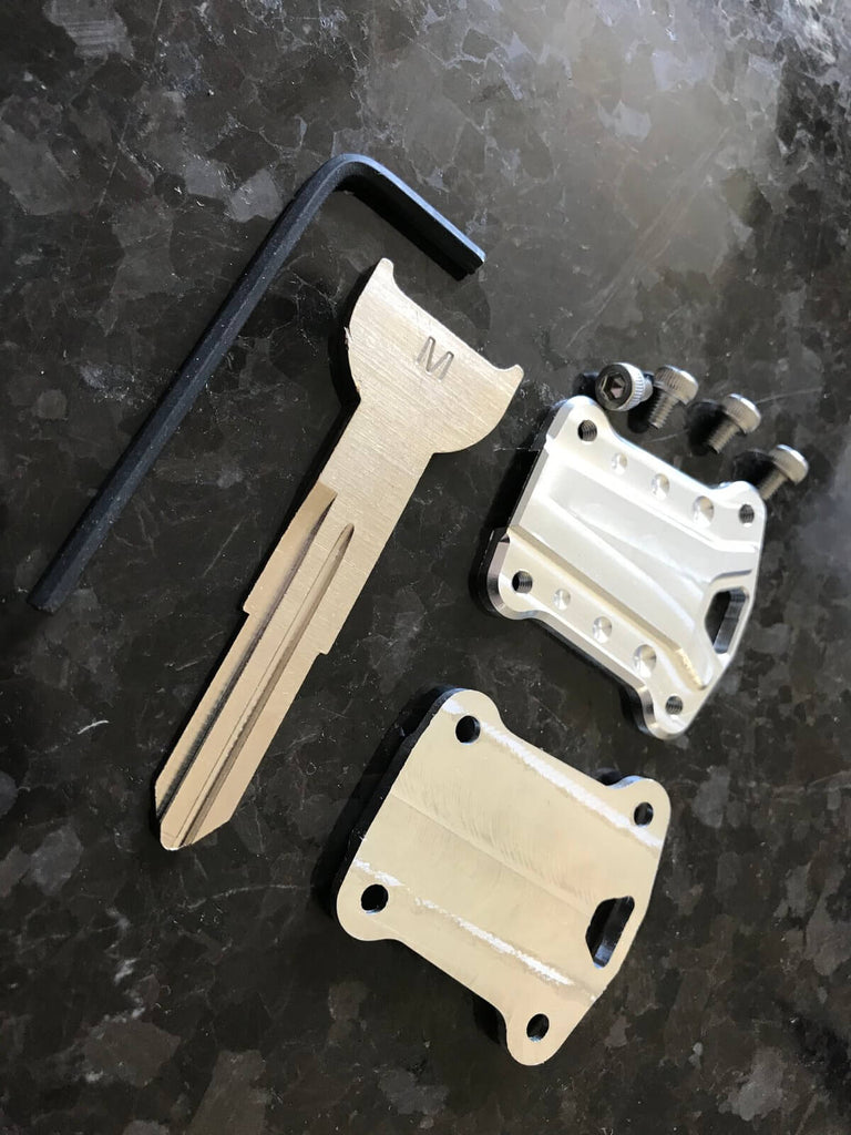 Honda Acty CNC billet key cover kit with included genuine blank key, bolts, L key, and keyring, ready for easy assembly and installation.