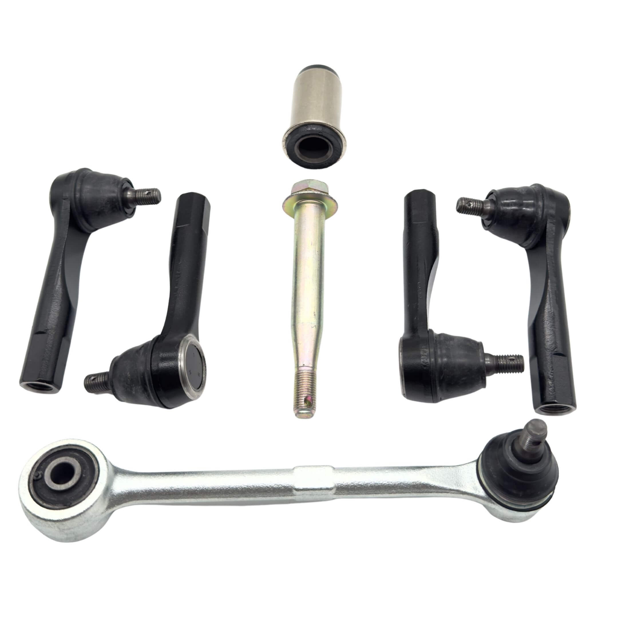 Steering Kit - 6 Piece - Genuine for Subaru Sambar Van TV1, TV2 Models (1999-2012), featuring center steering link assembly bushing, center steering link pin, steering drag link, and inner & oute...