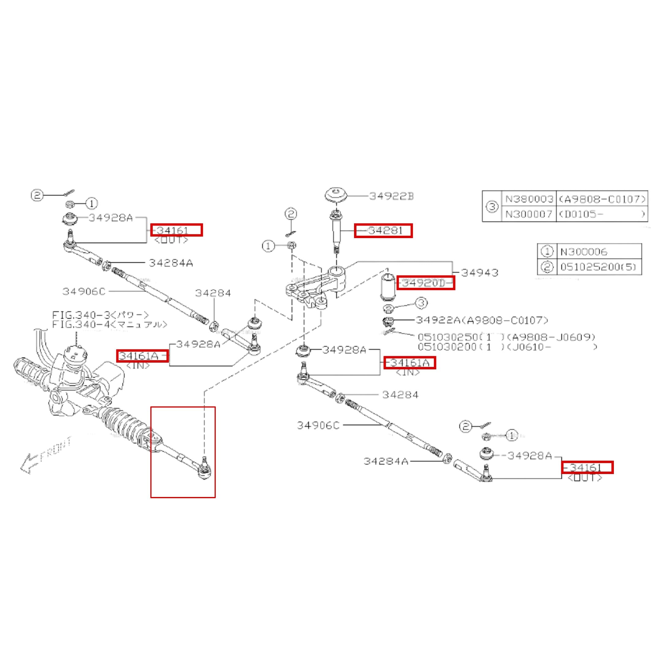 Technical diagram of a 6-piece steering kit for Subaru Sambar Van TV1, TV2 models (1999-2012), featuring center steering link assembly bushing, center steering link pin, steering drag link, and i...