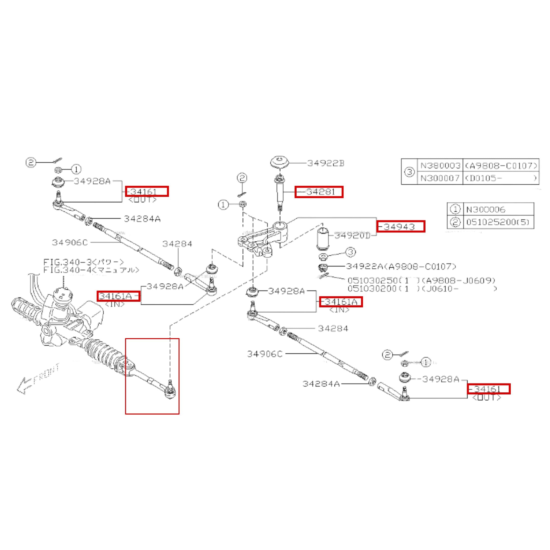 Technical diagram of a 6-piece Genuine Steering Kit for Subaru Sambar Wagon TW1, TW2 Models (1999-2012), featuring center steering link assembly, drag link, and tie rod ends.