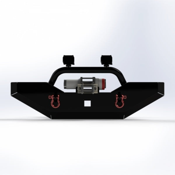 Black Subaru Sambar front bumper with 2” receiver, designed for TT2 model trucks from 1999-2012, featuring dual red tow hooks and a central winch mount.