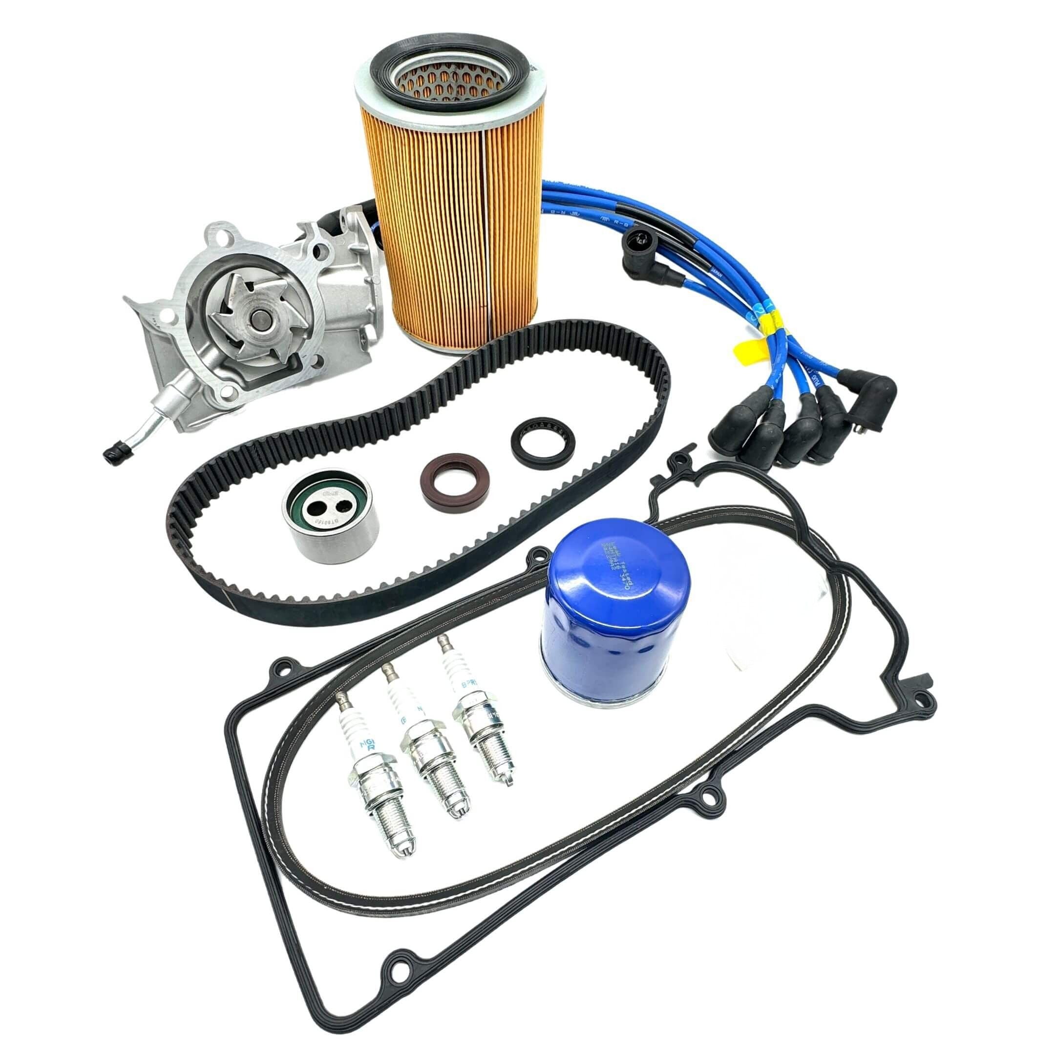 17-piece Timing Belt Kit for Daihatsu Hijet S100P/S110P EFES engines, including belts, water pump, NGK spark plugs, ignition wire kit, filters, and seals.