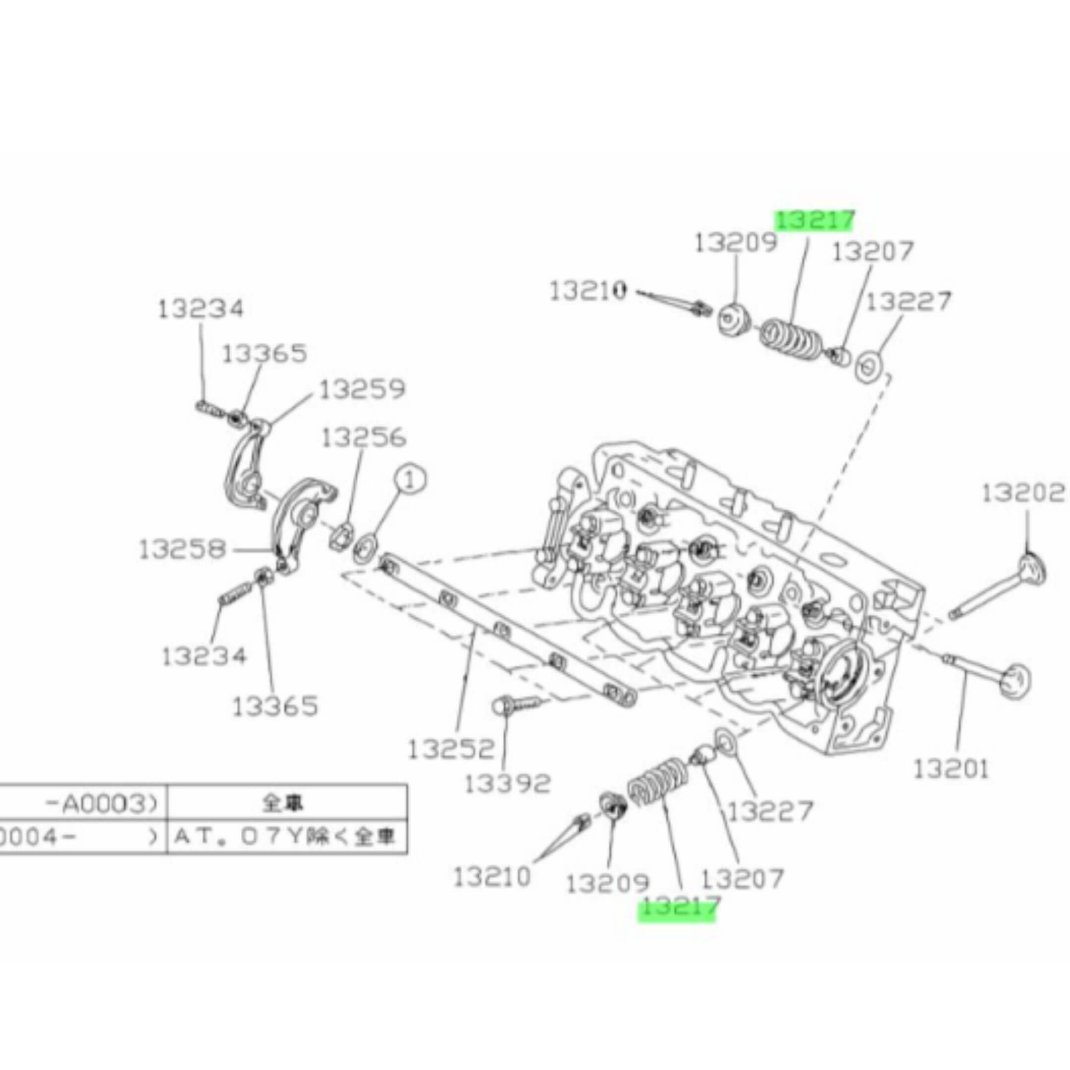 Technical diagram of engine valve spring assembly for Subaru Sambar Truck TT1, TT2 models (1999-2012), highlighting part 13217 in an 8-pack configuration.