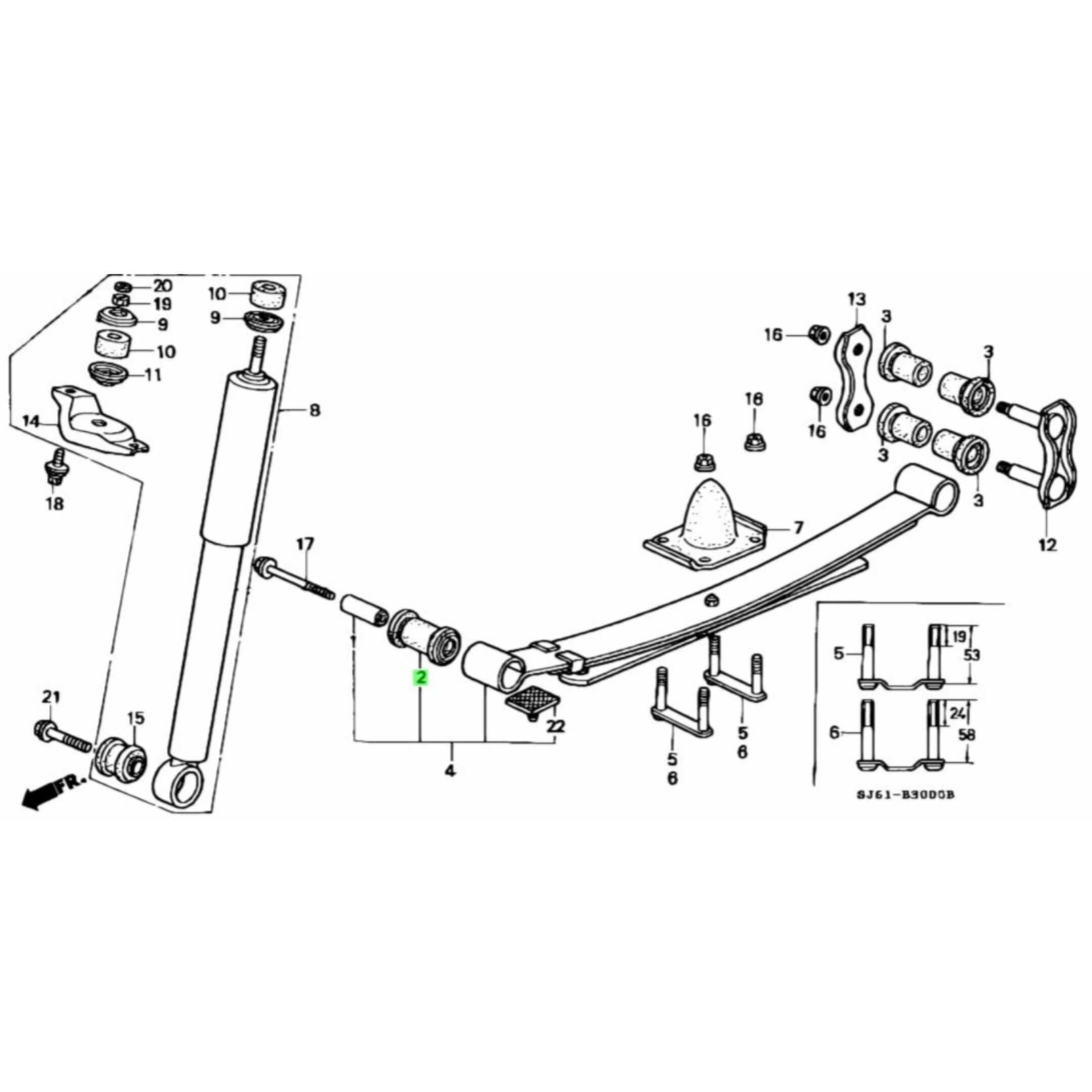 Leaf Spring Bushing for Front Honda Acty Truck Models HA3, HA4 (1990-1999) with detailed diagram showing assembly components.
