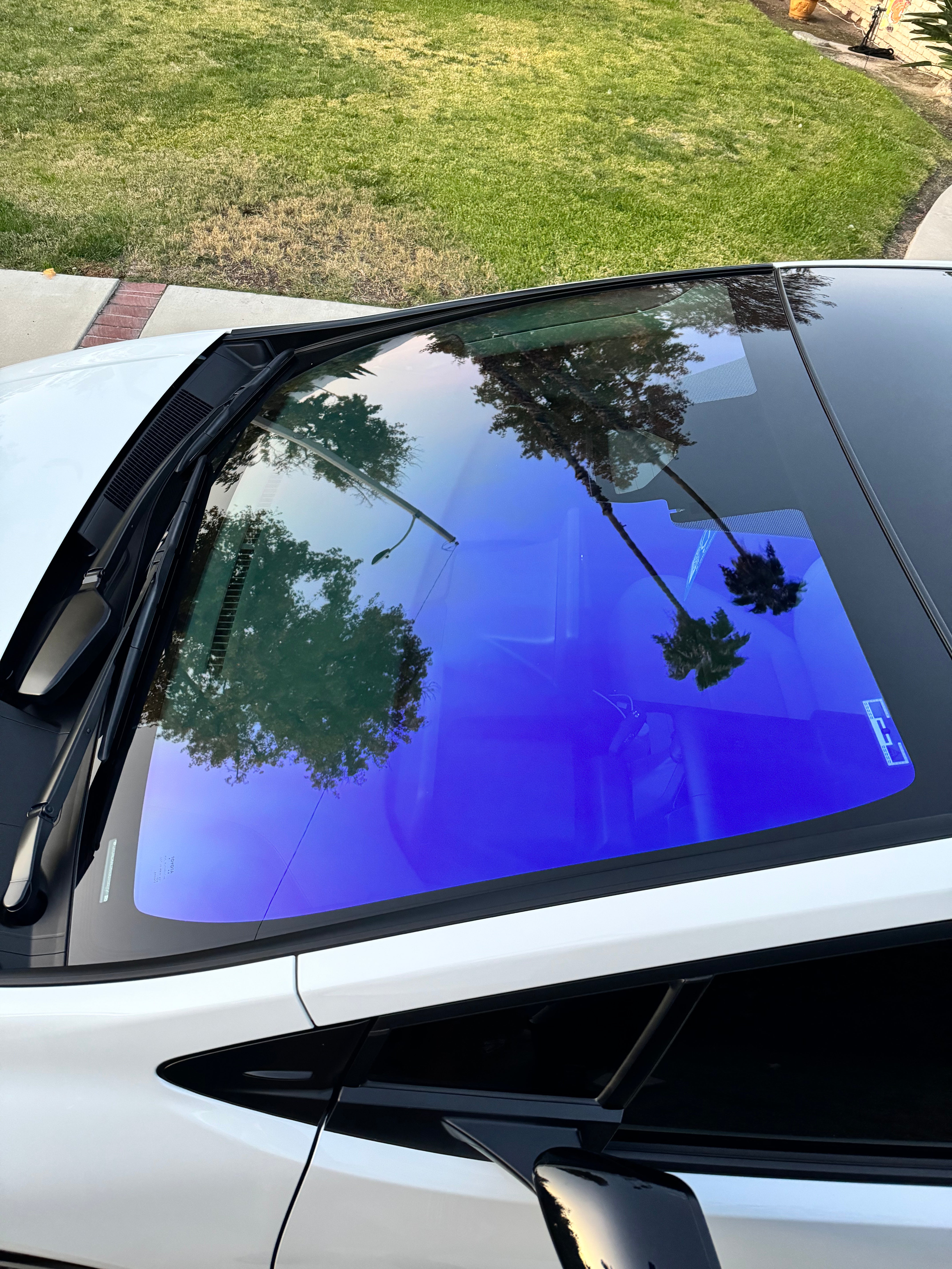 Close-up of Omnique IOLITE tint on a windshield, offering vibrant colors and a clear interior view.