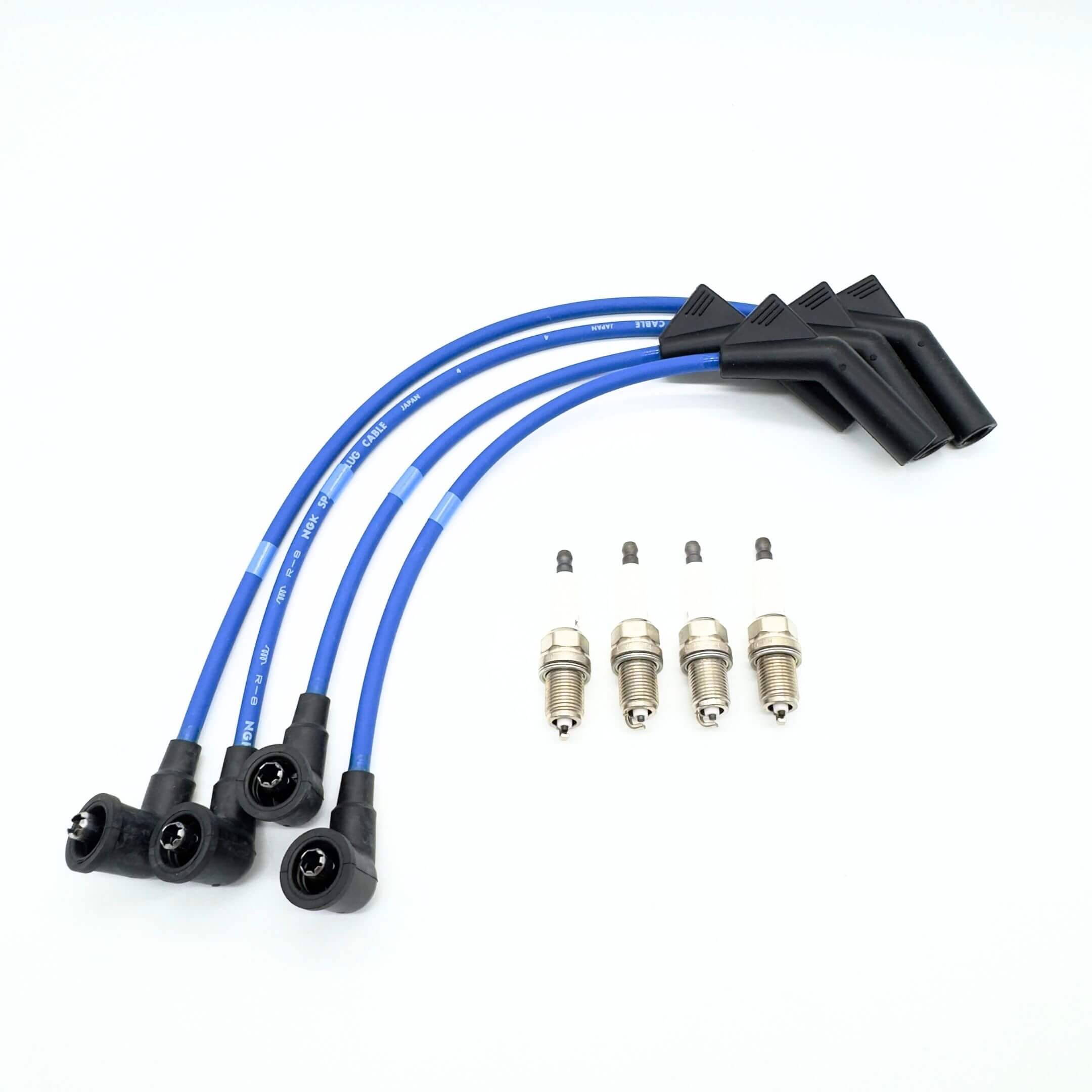 Ignition Kit - 2 Piece with blue spark plug wires and spark plugs for Subaru Sambar Truck TT1, TT2 Models, non-supercharger, 2/1999 - 8/2001.