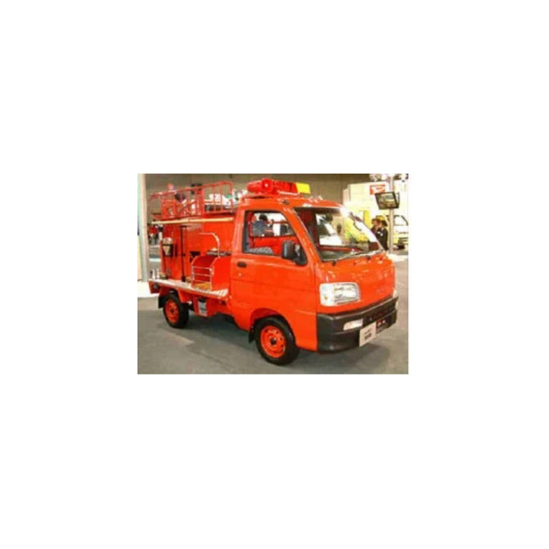Red Japanese mini fire kei truck outfitted with side-mounted pump, hose reel, ladder rack, and roof siren—an affordable, compact fire response vehicle engineered for rapid deployment in tight spaces.