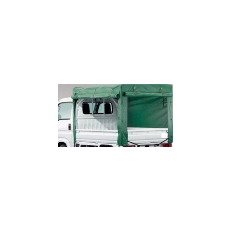 White Japanese mini kei truck with a green soft-top cargo cover—universal-fit on all stock kei truck models, providing weather-resistant protection for hauled goods.