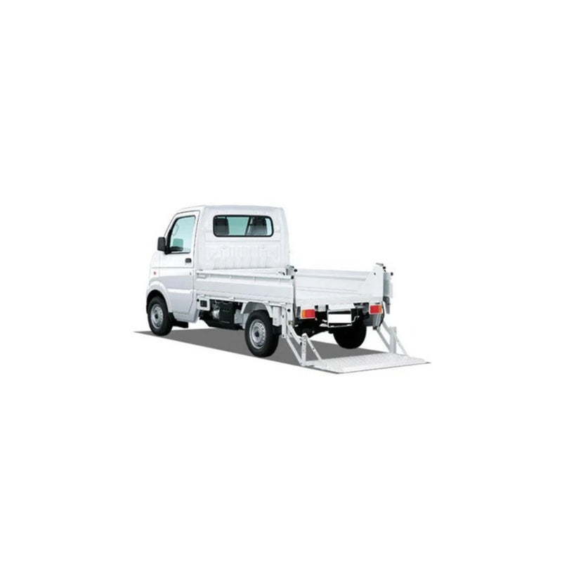 White Japanese mini kei truck with a rear hydraulic lift gate—enabling safer, easier handling of heavy cargo and efficient loading in compact transport applications.