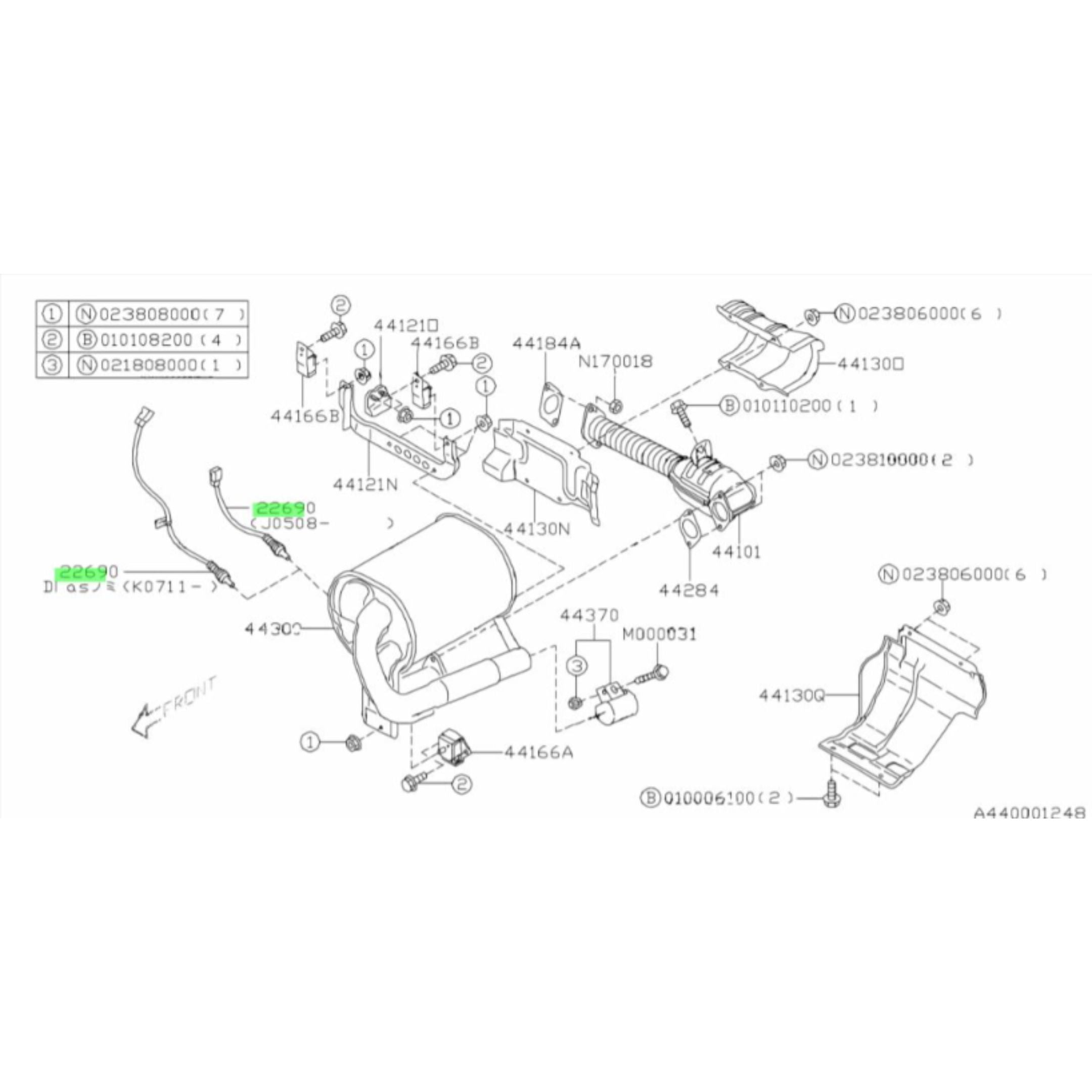 Technical diagram of O2 Sensor for Subaru Sambar Truck TT1, TT2 models (2005-2012), showcasing parts layout and connections.