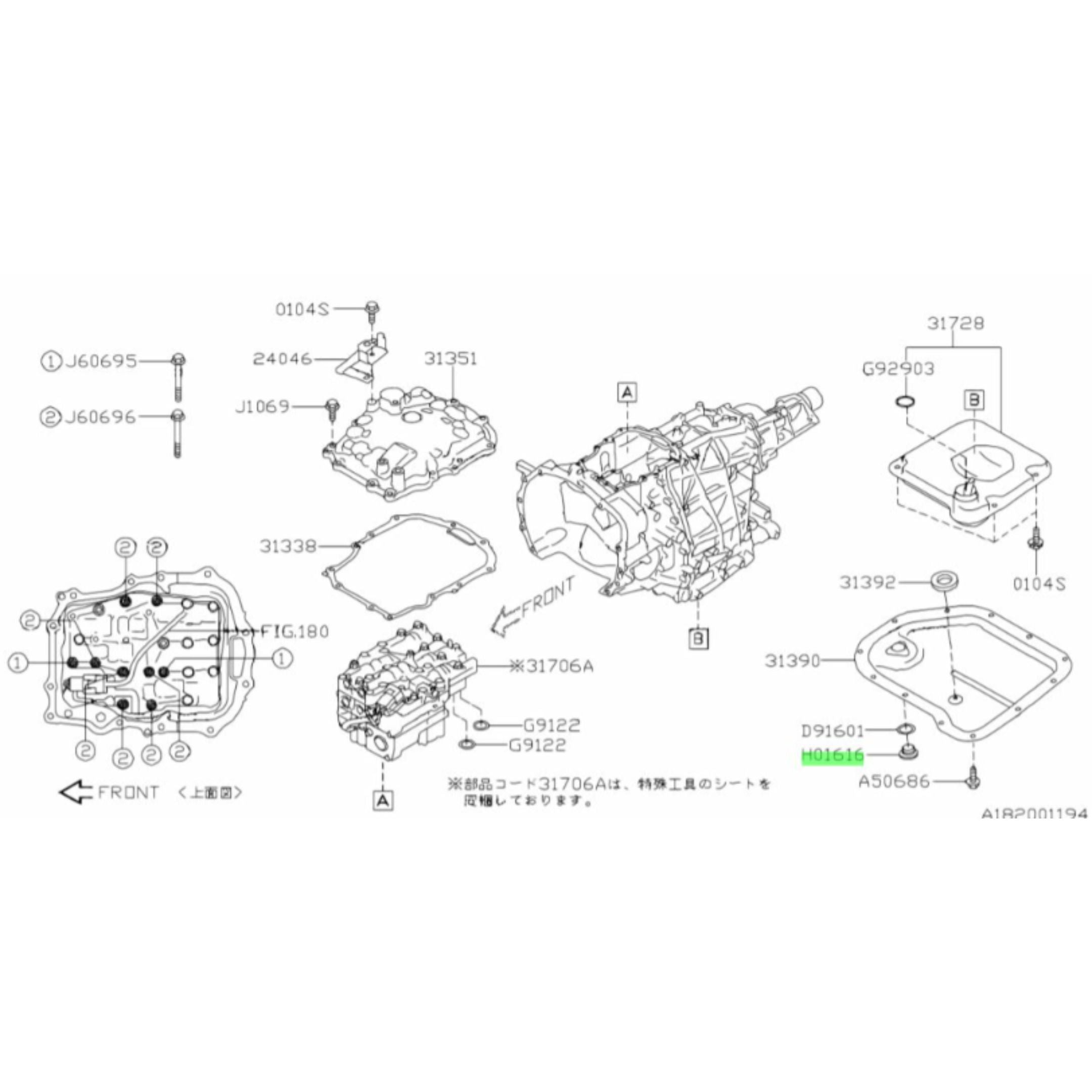 Technical diagram of oil drain plug for Subaru Sambar Truck TT1, TT2 models, 1999-2012, highlighting part placement and assembly details.