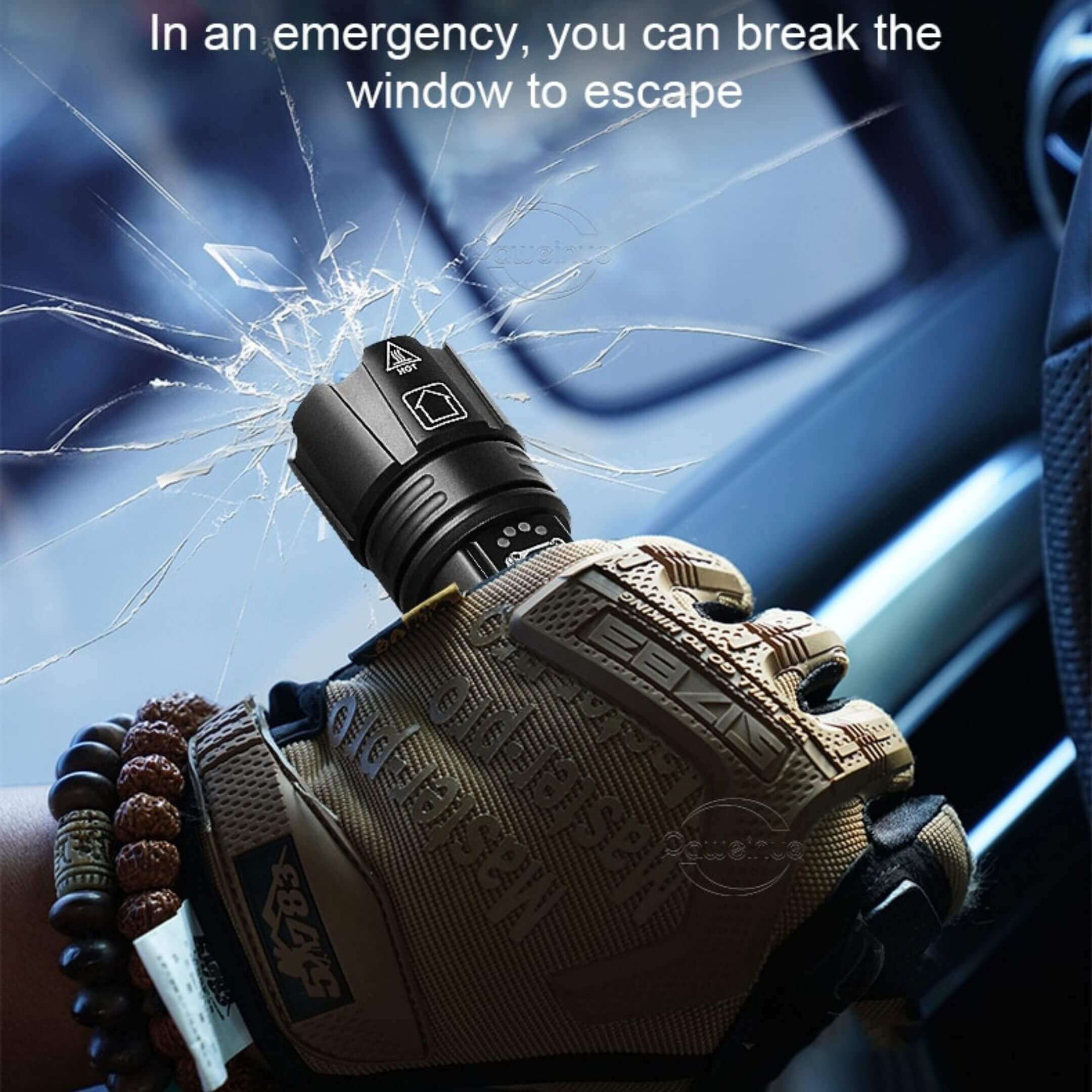 Oiwa UltraBeam 300W USB LED Flashlight used as a glass‑breaking tool in emergency escape, shattering a car window.