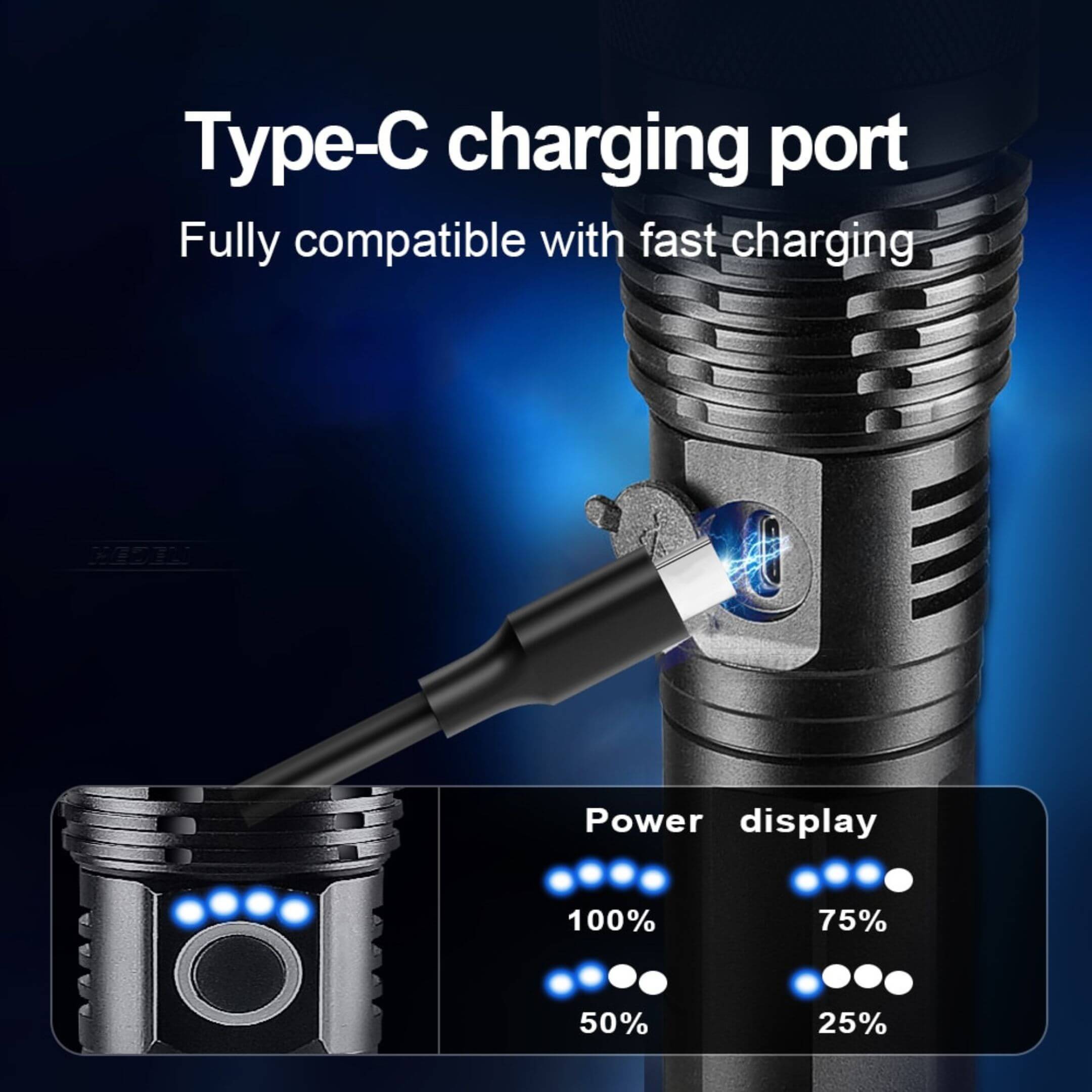 Oiwa UltraBeam 300W USB LED Flashlight close‑up showing its Type‑C charging port with fast‑charge cable plugged in and four‑LED power display indicating battery level.