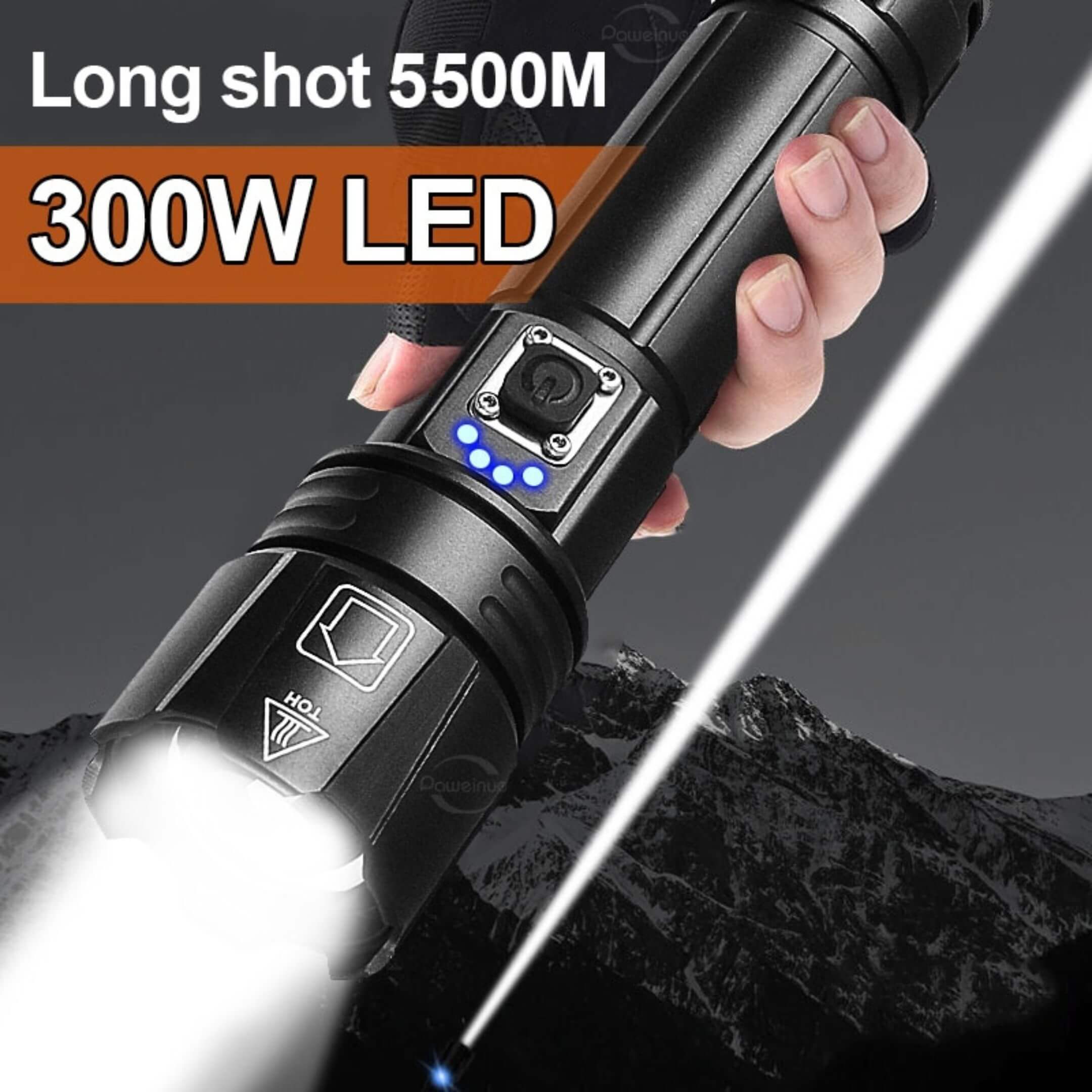 Oiwa UltraBeam 300W USB LED Flashlight demonstrating powerful 5,500 m long‑range spotlight with adjustable zoom focus.