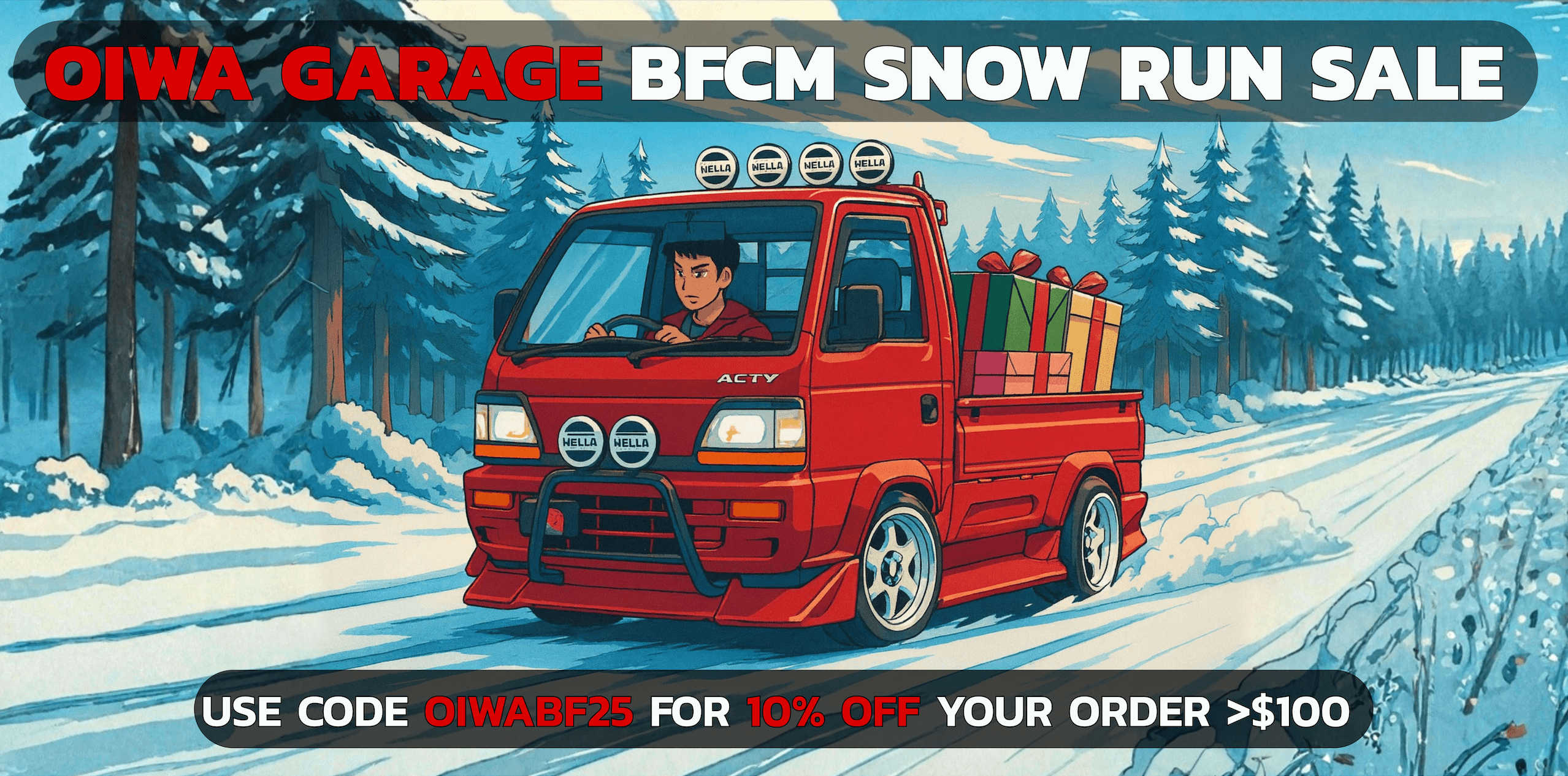 Red truck with cargo in a snowy landscape, promotional text for BFCM snow run sale.