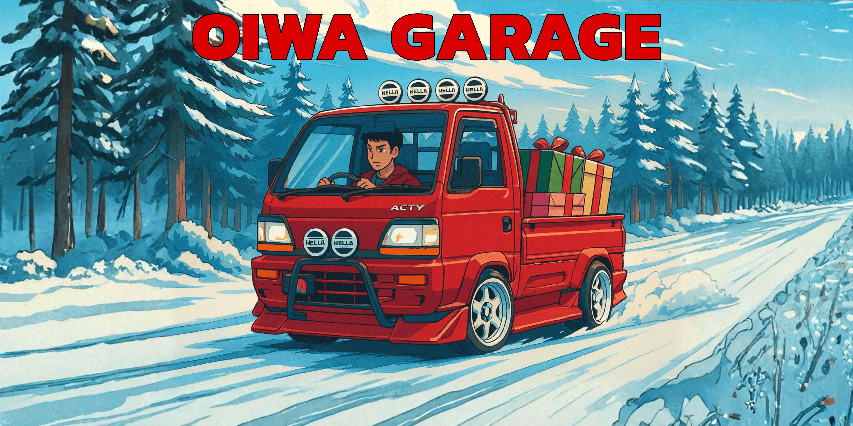 Red Honda Acty truck with Christmas present in the cargo driving in a snowy landscape.