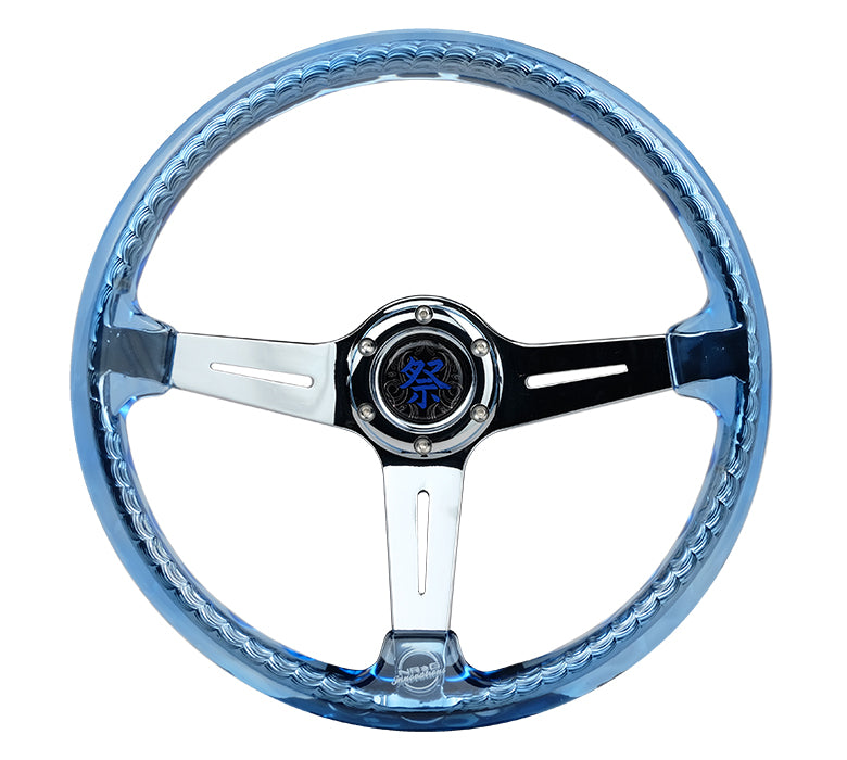 RST-027CH-BL NRG 'Matsuri' blue acrylic steering wheel close-up.