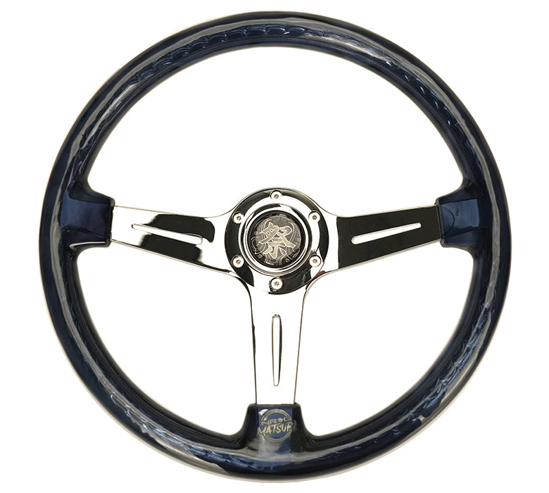 350mm 'Matsuri' Deep Dish Steering Wheel with Clear Acrylic Rim and NeoChrome Spokes, featuring a reinforced design and stylish slits for enhanced performance.