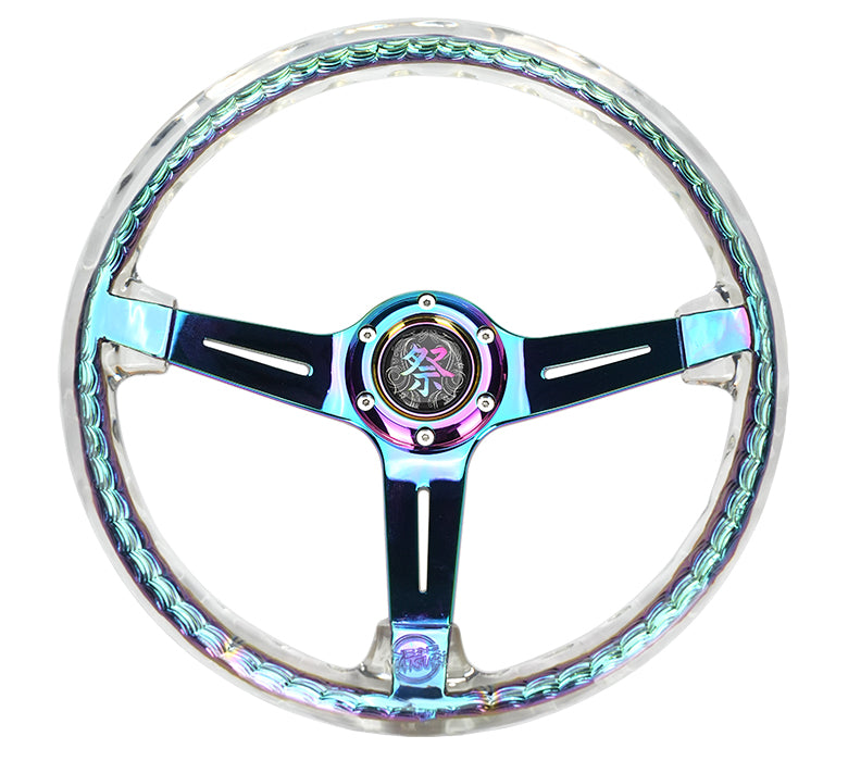 NRG Steering Wheel - Matsuri 350mm Deep Dish Clear Acrylic with NeoChrome Spoke Finish, featuring slits for aesthetic enhancement and superior grip.