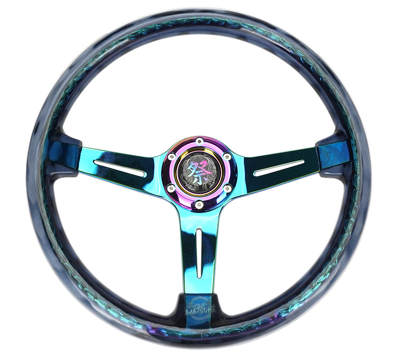 350mm 'Matsuri' Deep Dish Steering Wheel in Smoke Acrylic with Neochrome Spokes, featuring a reinforced design and stylish slits for enhanced performance and aesthetics.