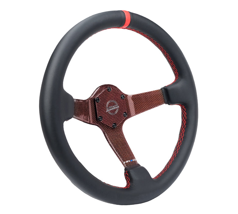 Red stitched leather grip on NRG steering wheel RST-036CF-RD