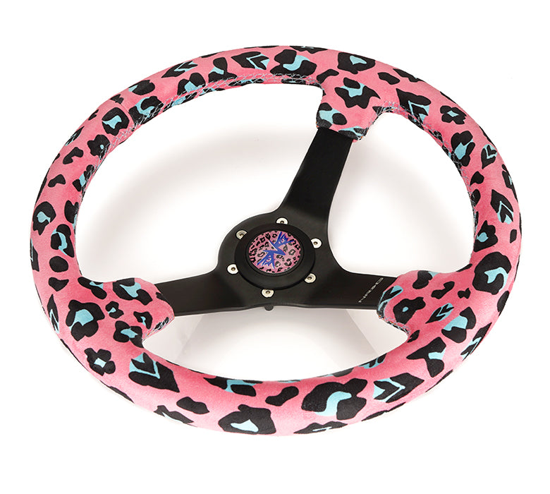 Pink Leopard Print on NRG Steering Wheel Close-up RST-036MB-SV-PK