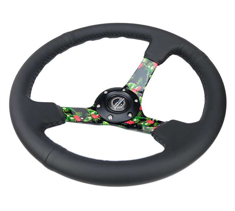 Black leather wheel with unique criss-cross stitching RST-036TROP-R