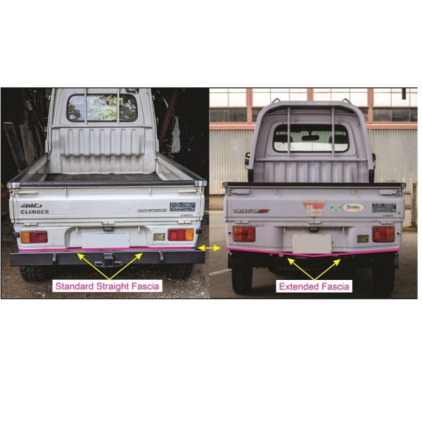 Daihatsu Hijet rear bumper and tow bar for S110P model, 1994-1998, featuring standard straight and extended fascia options, shown in a technical comparison.