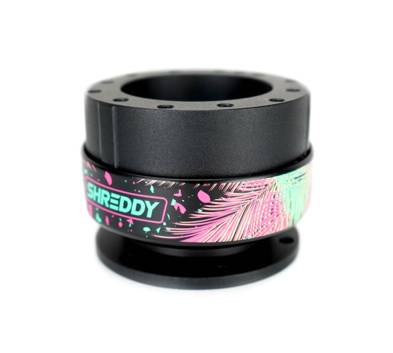 NRG Quick Release Gen 2.0 SRK-200BK-SDY2 with Shreddy collab, black body, black ring, pink and teal palm leaves design.