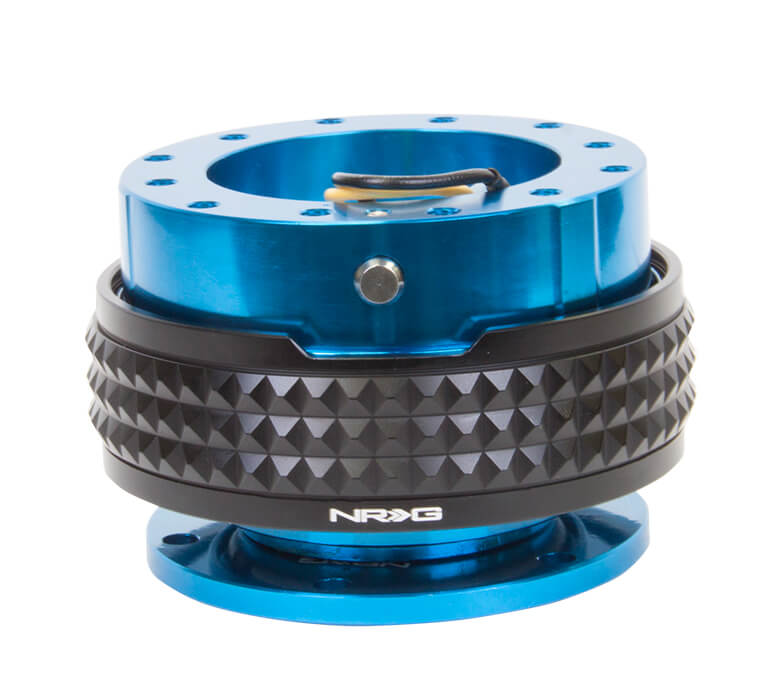 NRG Quick Release Kit Blue Body with Black Pyramid Ring - 2.1 Pyramid Series SRK-210BL-BK, featuring a sleek blue design with a black pyramid pattern, high-quality build, and ergonomic installation for Japanese mini trucks