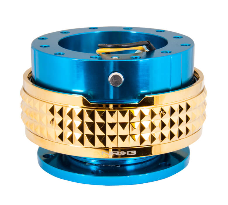 NRG Quick Release Kit Blue Body with Chrome Gold Pyramid Ring - 2.1 Pyramid Series SRK-210BL-CG, featuring a vibrant blue design with a striking gold pyramid pattern, high-quality build, and ergonomic installation for Japanese mini trucks