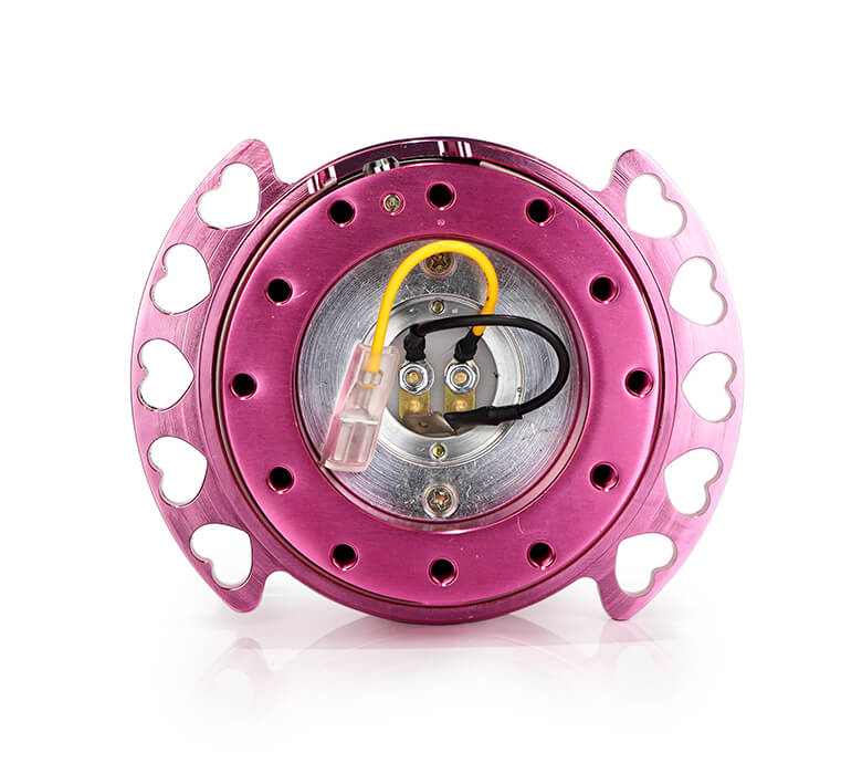 Rear view of NRG Quick Release Kit SRK-222PK-PK showcasing pink heart cutout ring and detailed mechanism.