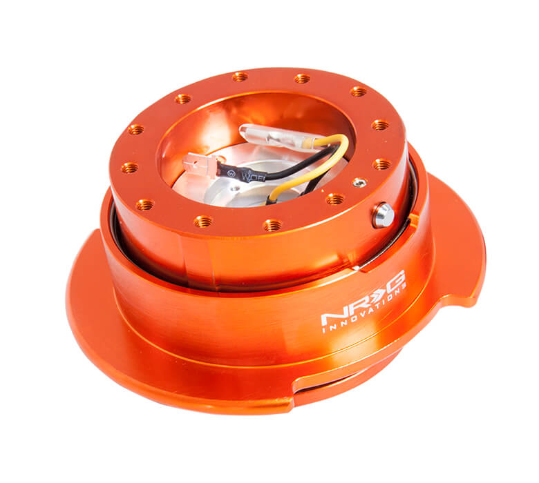 NRG Quick Release Kit SRK-250OR featuring a vibrant orange body with a matching orange ring, Gen 2.5, highlighting its stylish design and superior craftsmanship.